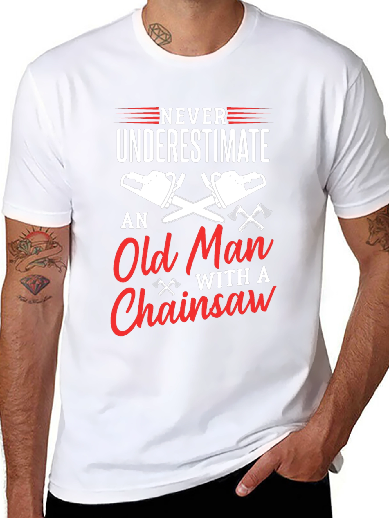 Black Never Underestimate Old Man Chainsaw T-Shirt view 8