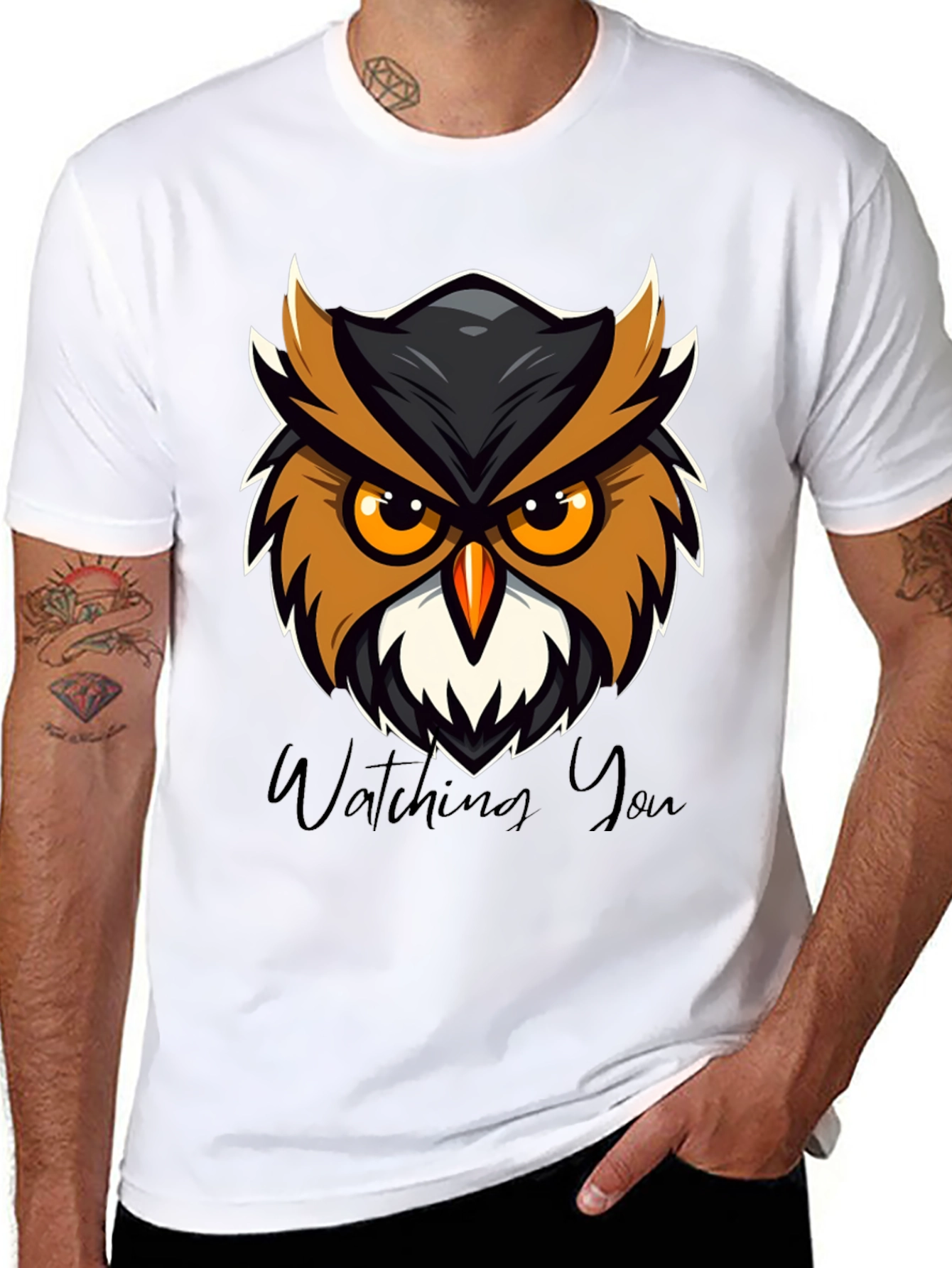 Black Men's Black Owl Graphic Tee - Watching You Design view 8