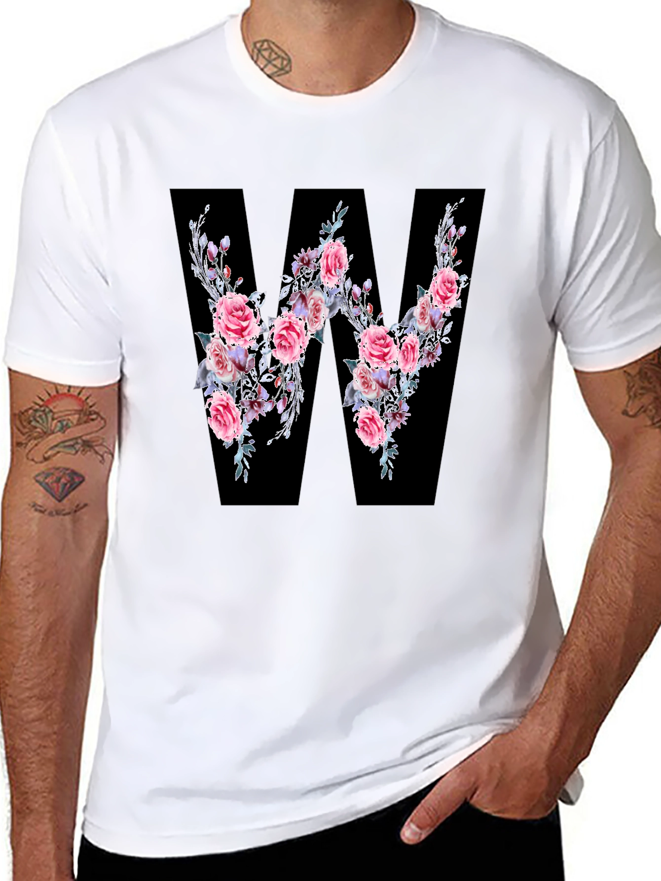 Black Floral Letter W Black T-Shirt view 8
