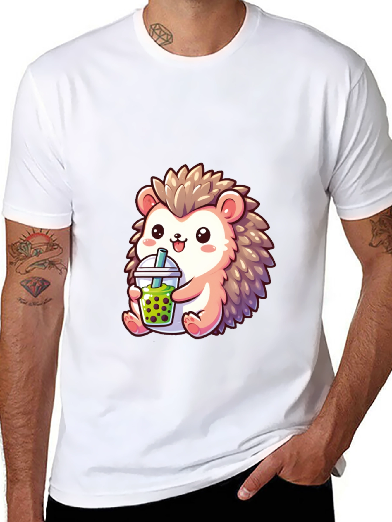 Black Cute Hedgehog Boba Tea Graphic Tee view 8