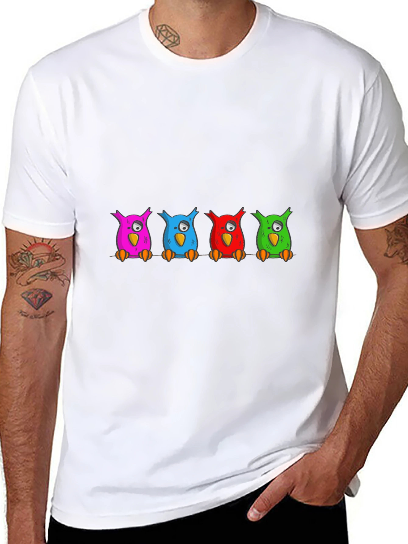 Black Colorful Cartoon Owls on a Branch T-Shirt view 8