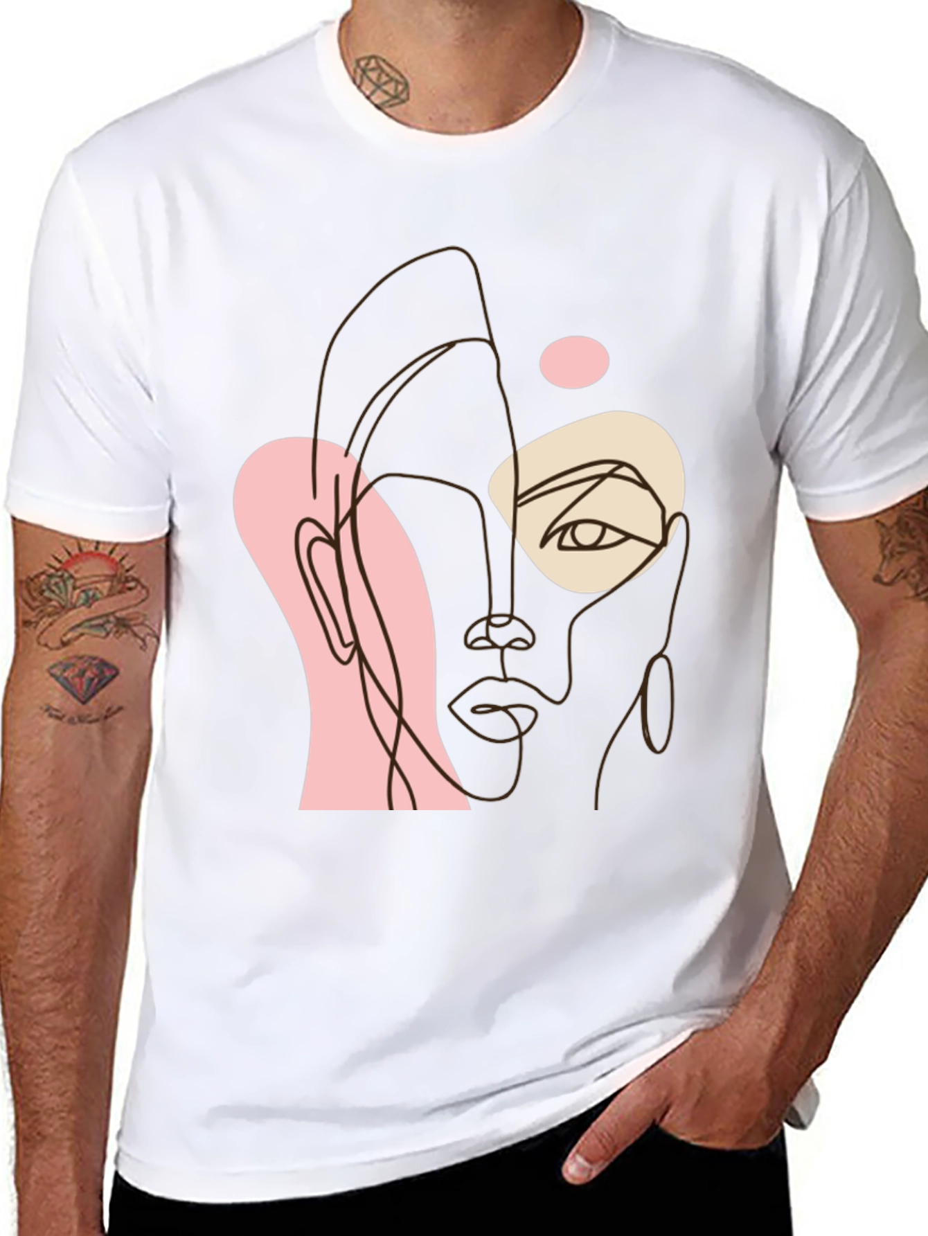 Black Abstract Face Line Art Black Tee view 8