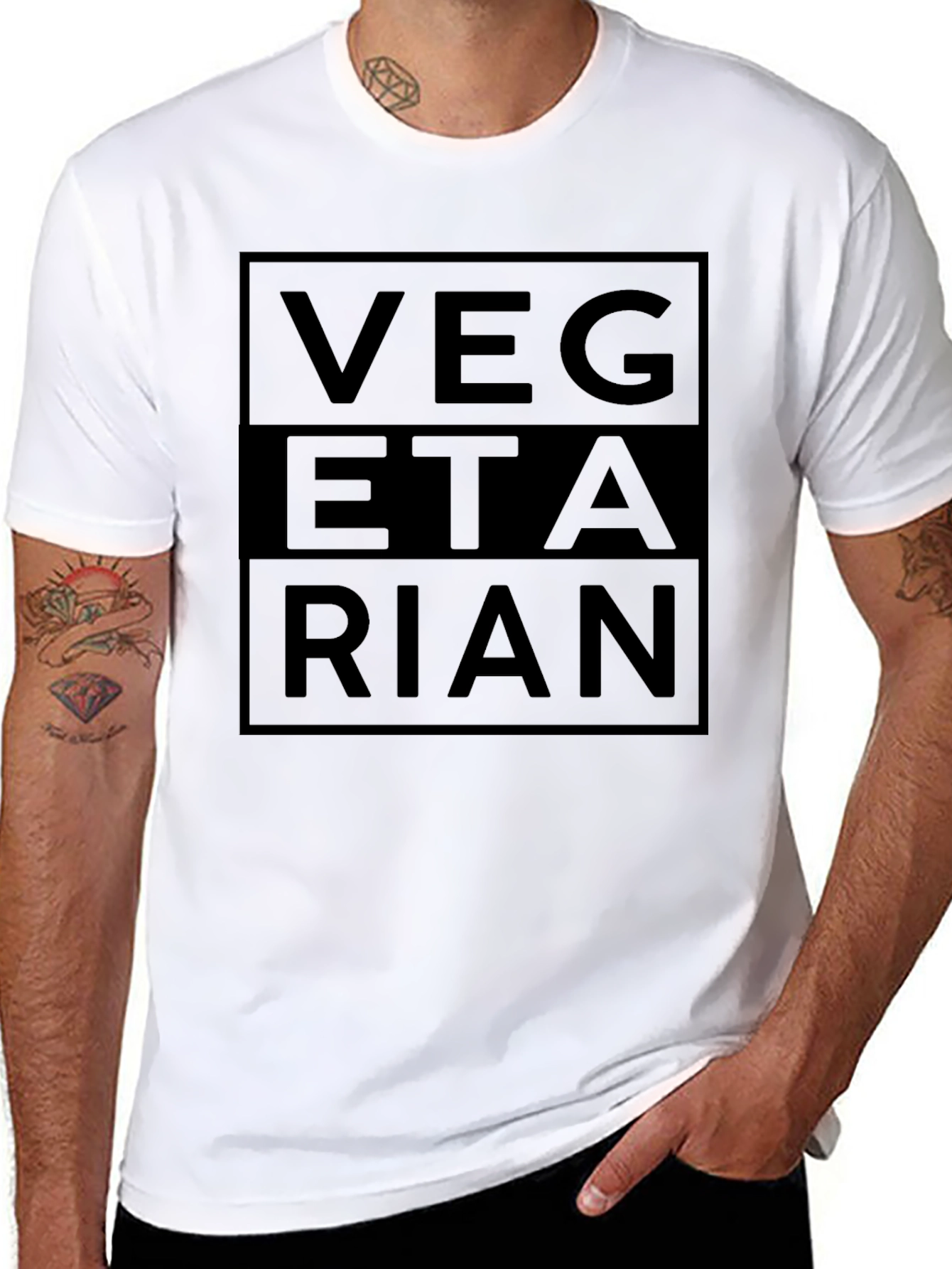 Black Vegetarian Statement Graphic Tee - Black Cotton Casual Wear view 8