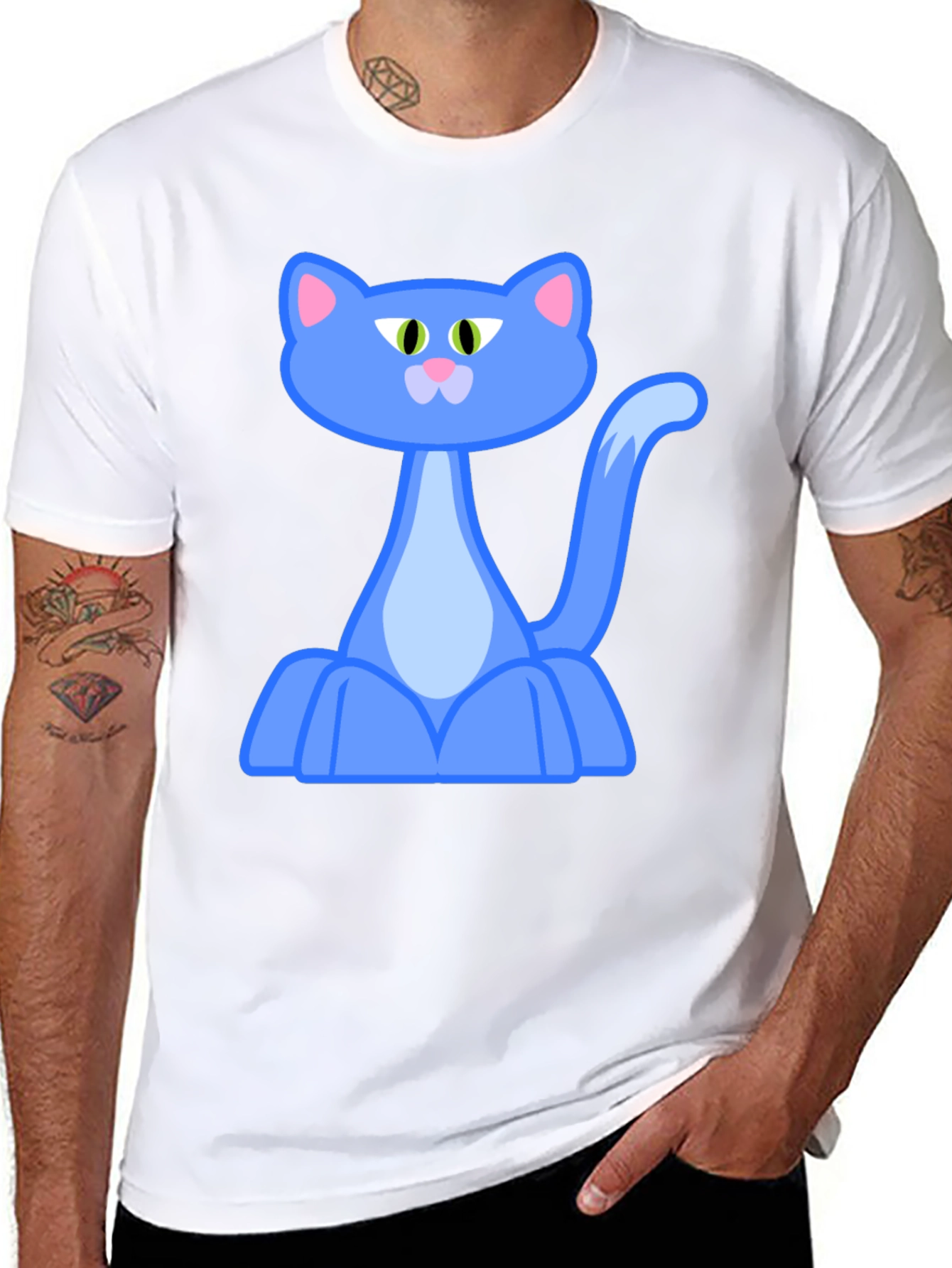 Black Blue Cartoon Cat Graphic Black T-Shirt view 8