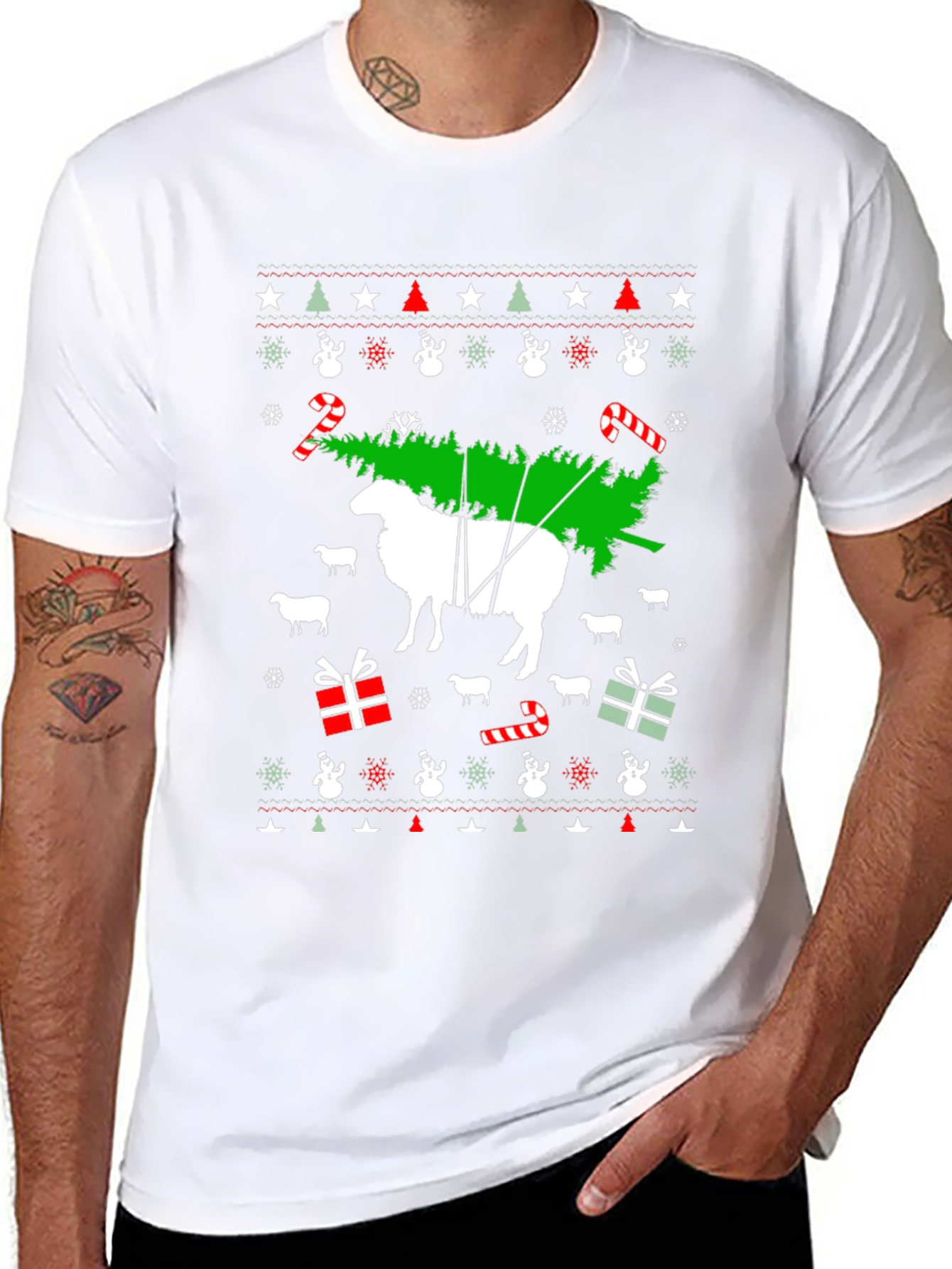 Black Funny Sheep Christmas Tree T-Shirt view 8