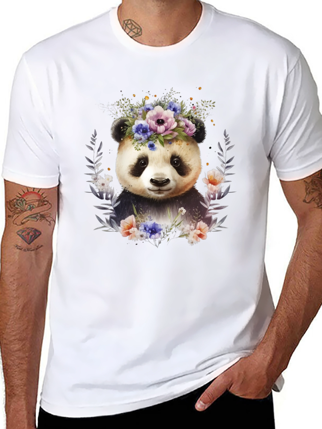 Black Panda Floral Wreath T-Shirt - Cute Animal Tee view 8