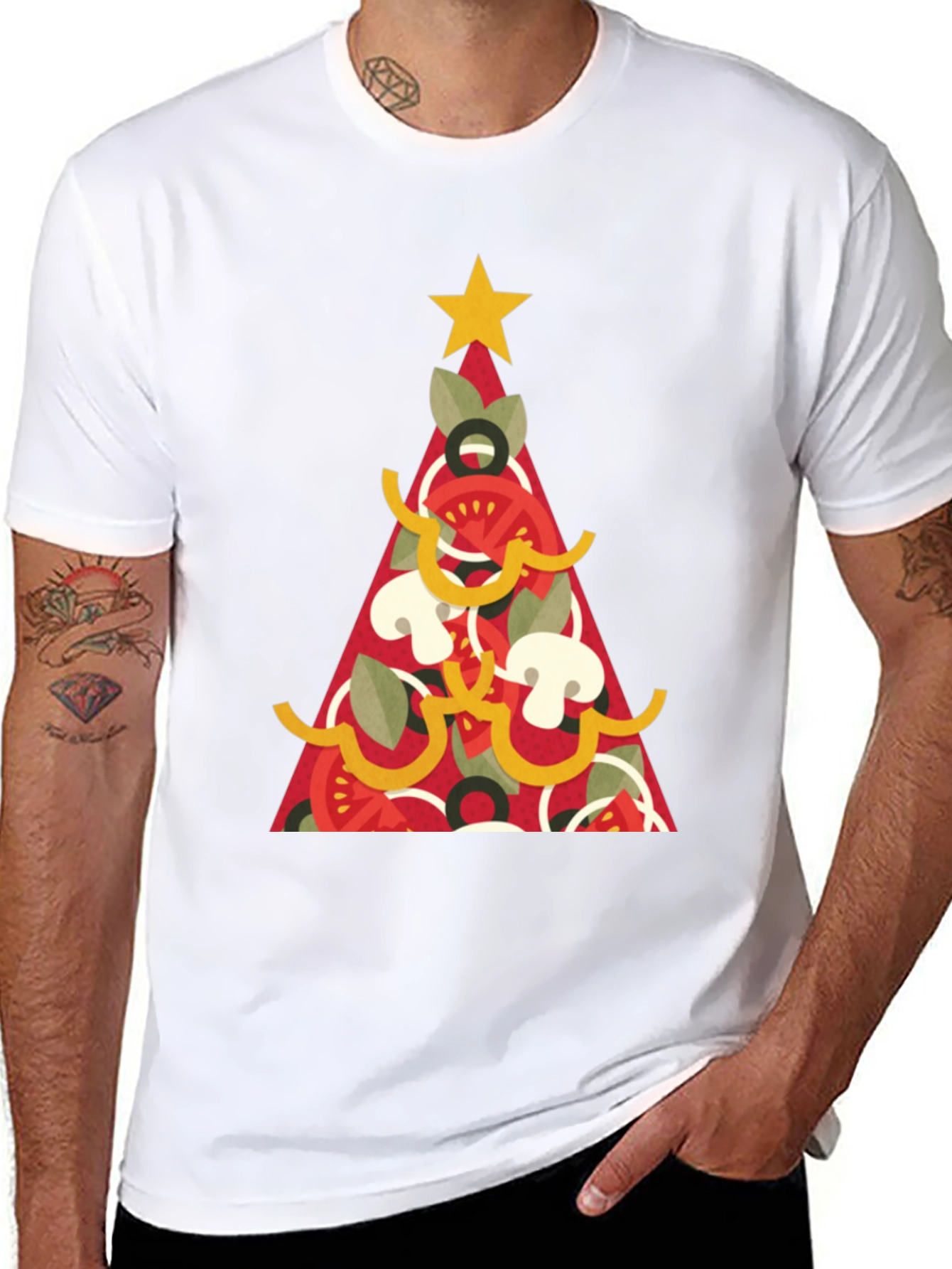 Black Pizza Christmas Tree Graphic Tee - Holiday Apparel view 8
