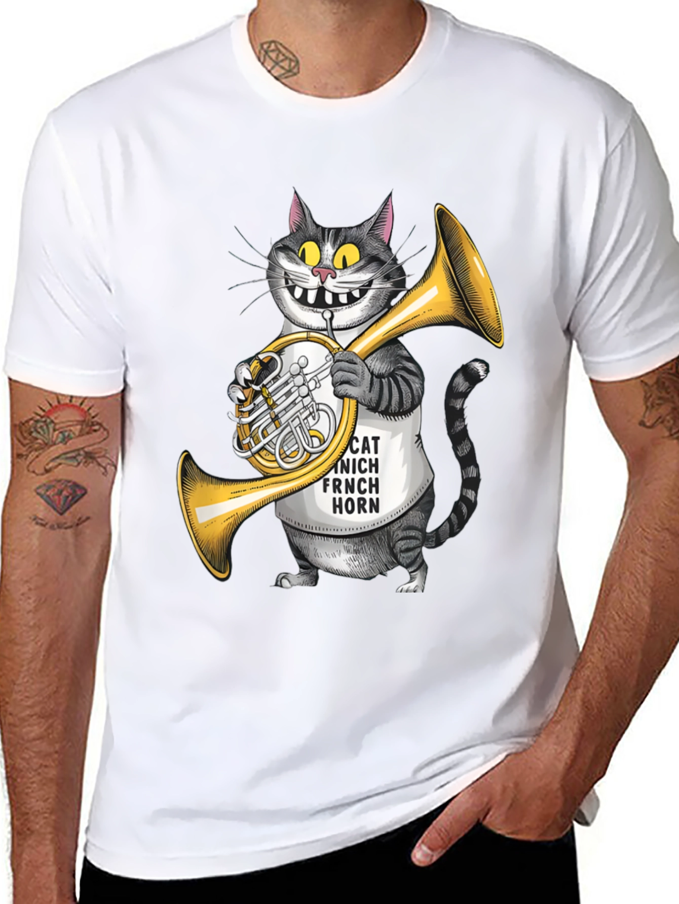 Black Funny Cat French Horn Player T-Shirt view 8