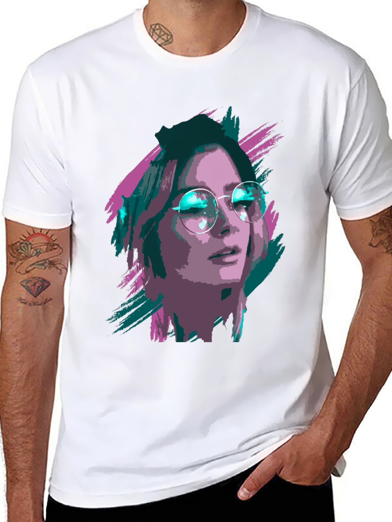 Black Stylish Graphic T-Shirt - Woman with Glasses Print view 8