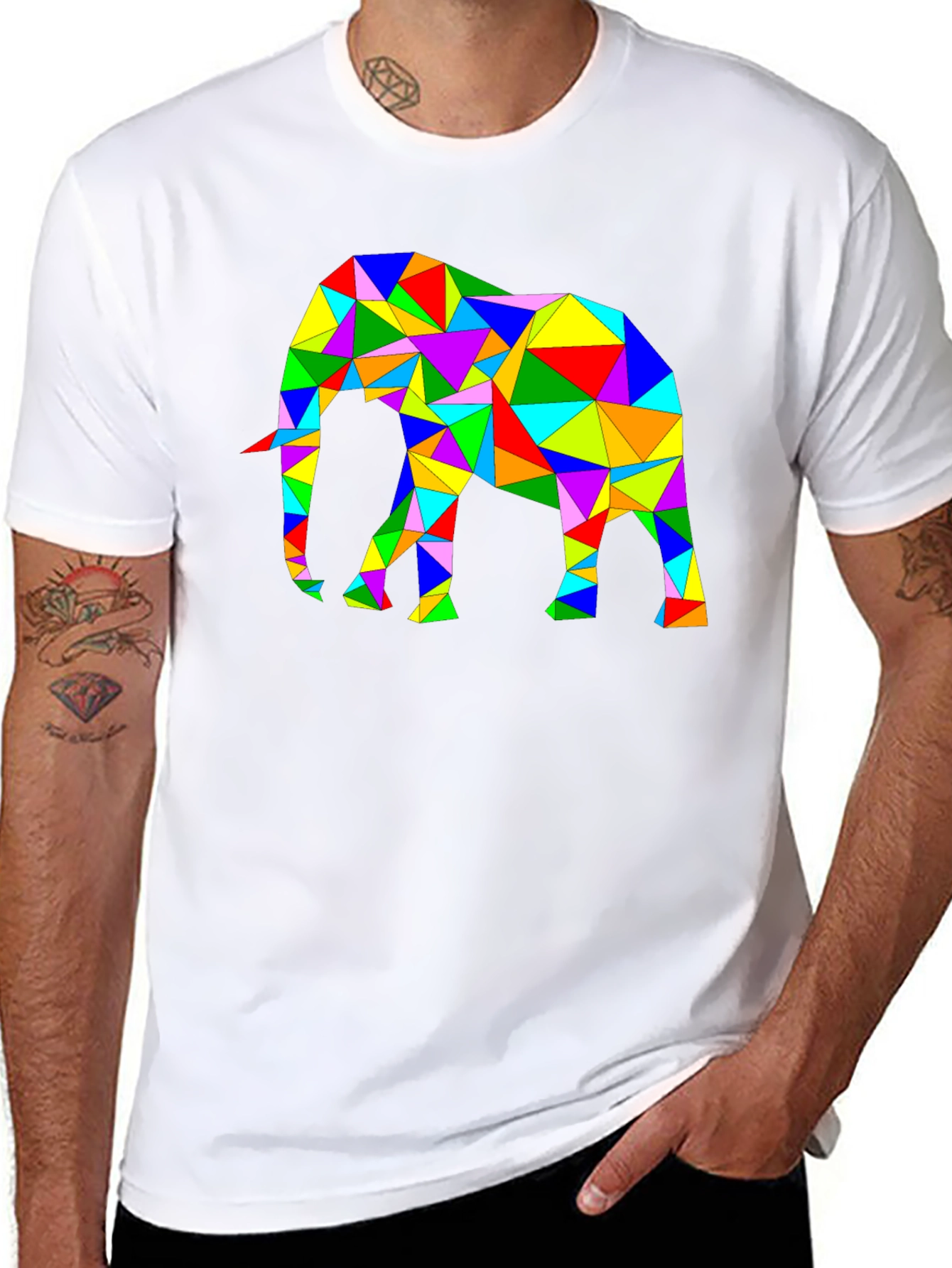 Black Geometric Elephant Tee - Colorful Animal Art Shirt view 8