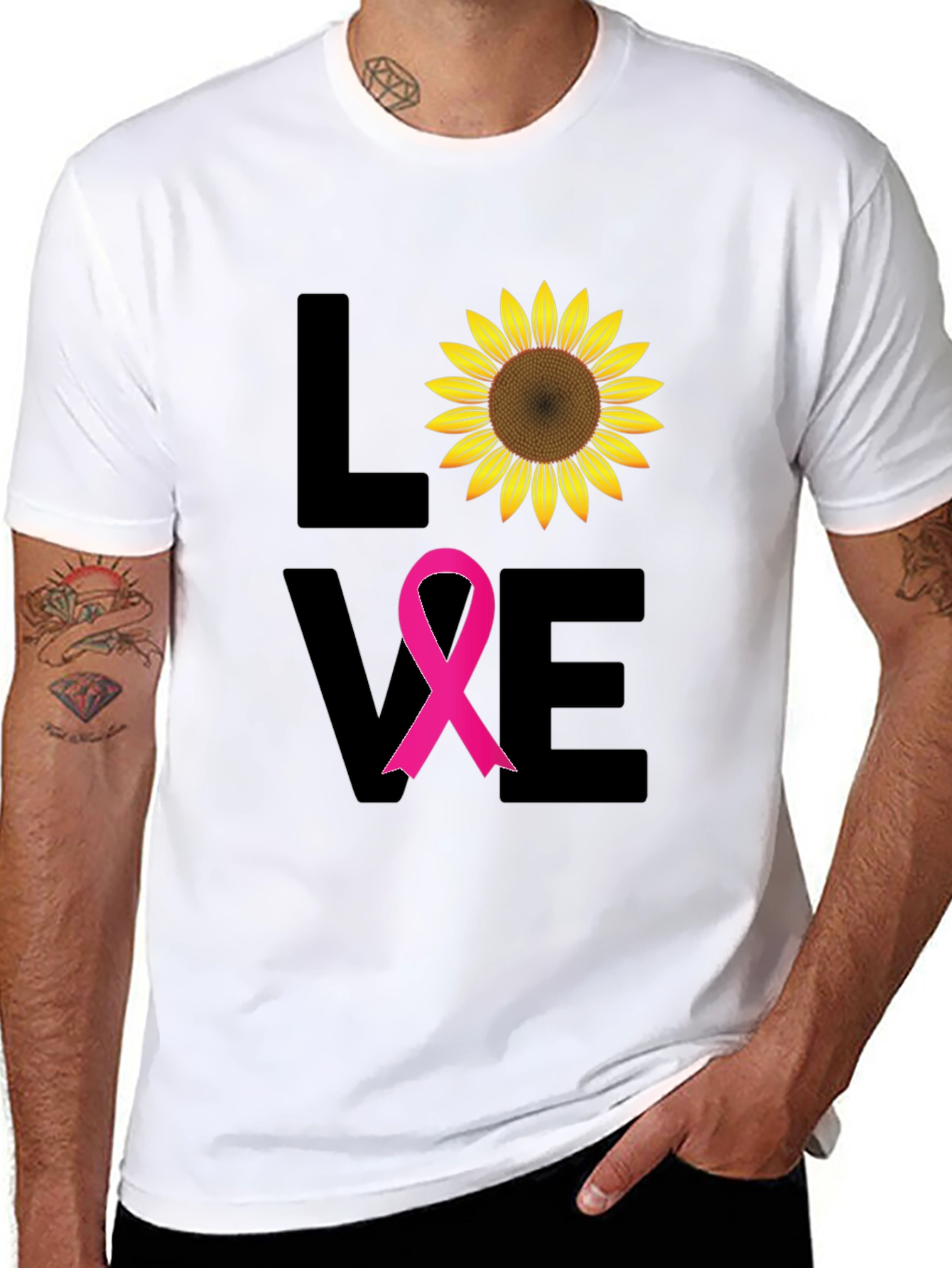 Black Love Sunflower Breast Cancer Awareness T-Shirt view 8