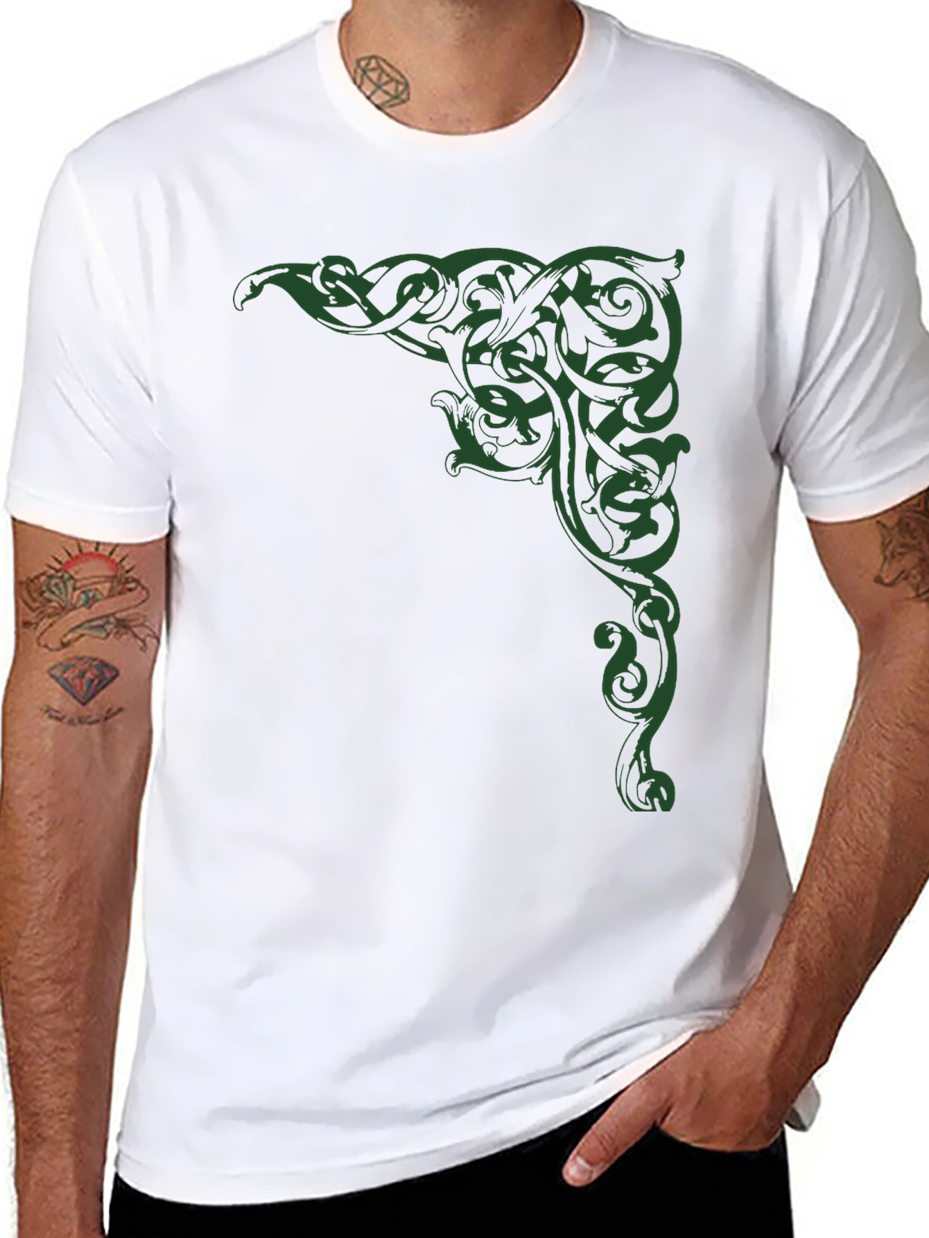 Black Men's Black T-Shirt with Green Celtic Corner Design view 8