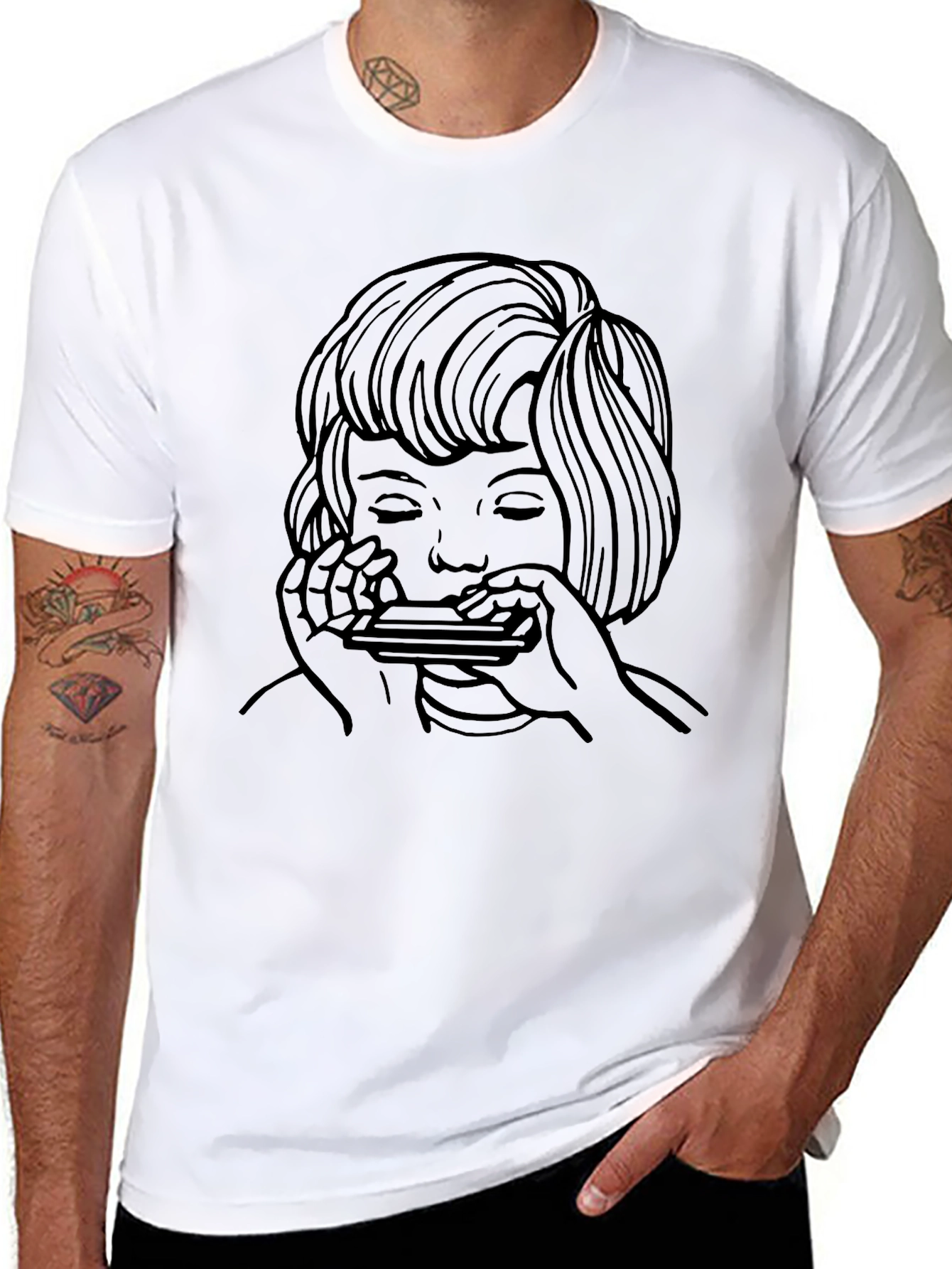 Black Harmonica Player Graphic Tee - Unisex Black T-Shirt view 8