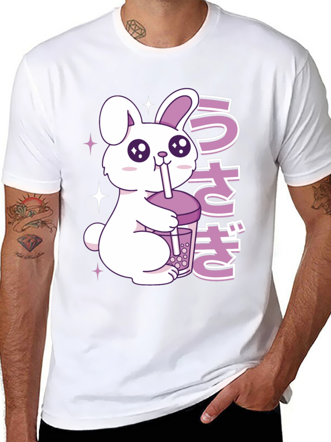 Black Kawaii Rabbit Boba Tea Graphic T-Shirt view 8