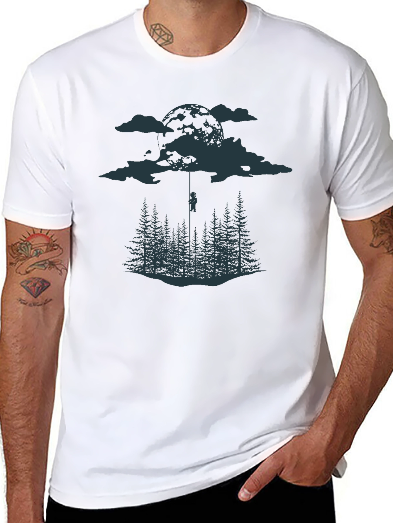 Black Black Tee with Moonlit Forest Design view 8