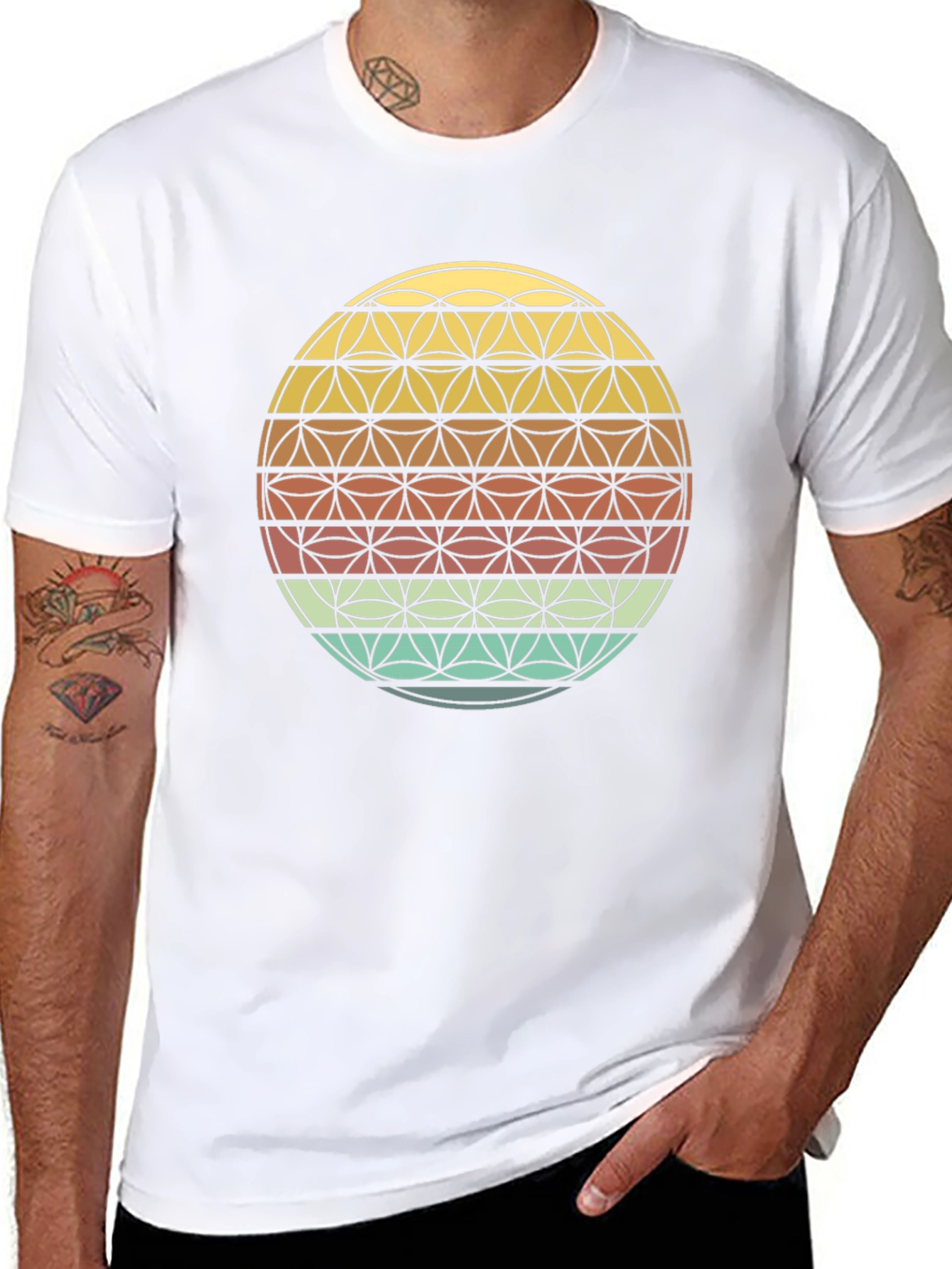 Black Geometric Flower of Life Retro T-Shirt view 8