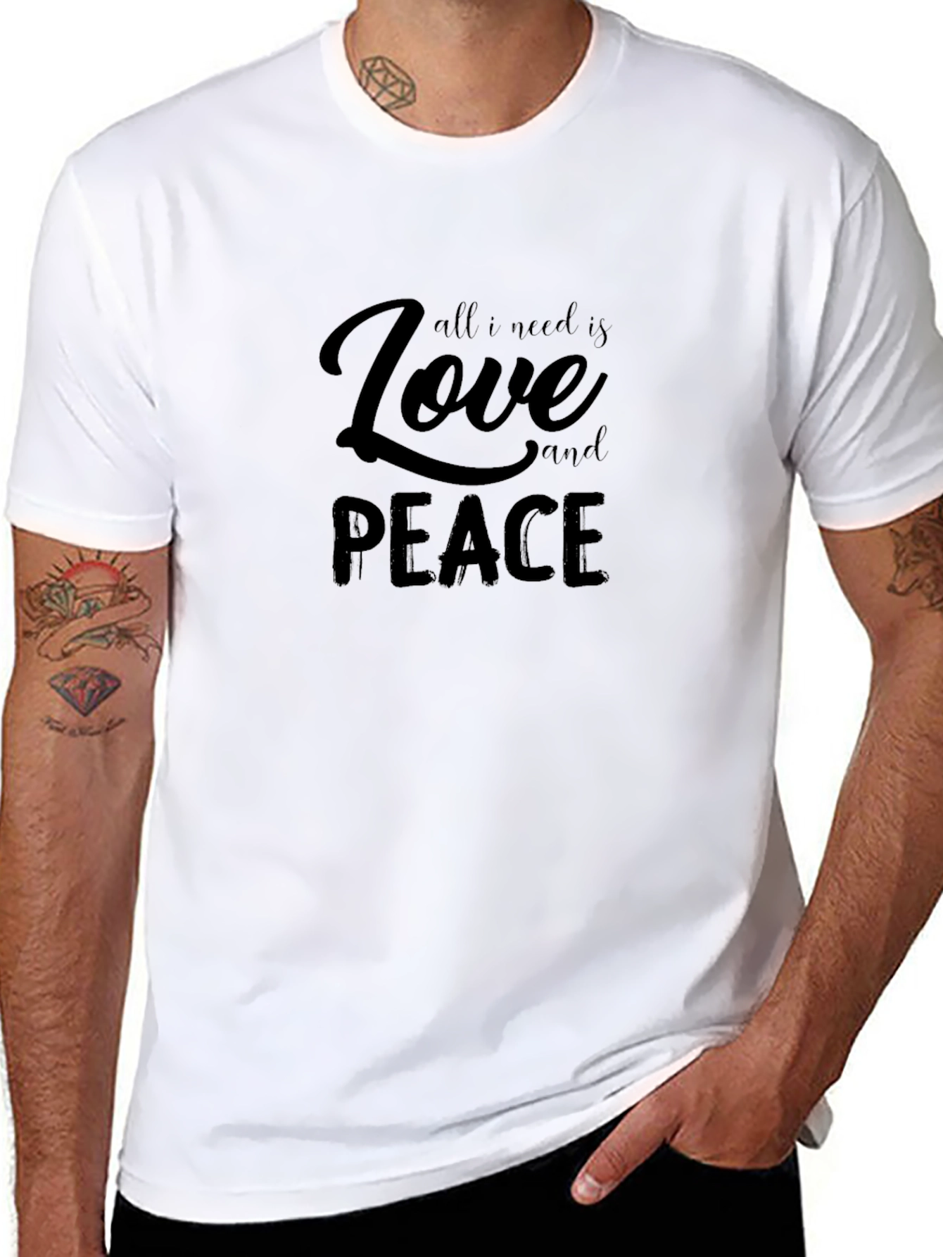 Black All I Need Is Love and Peace Black T-Shirt view 8