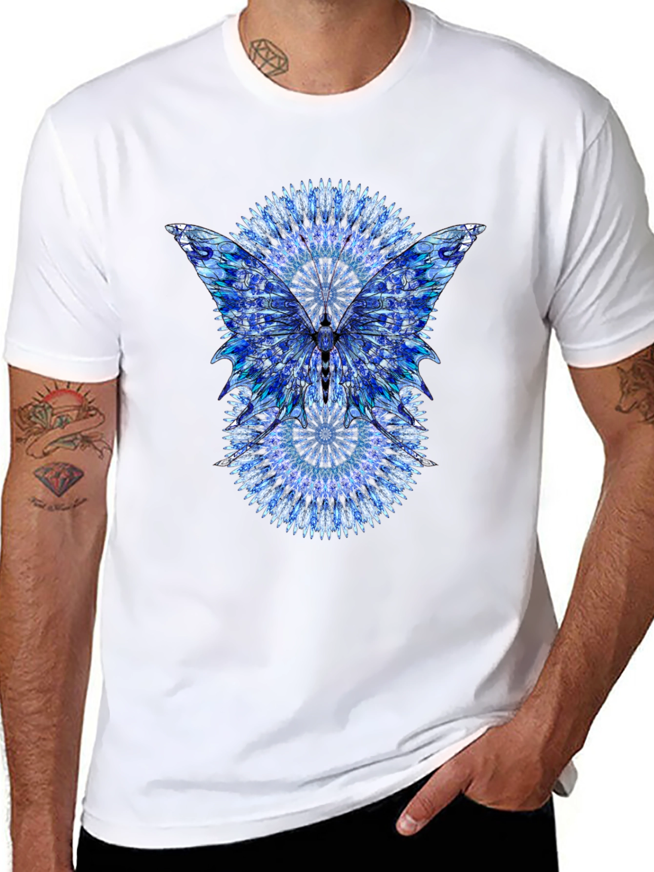 Black Blue Mandala Butterfly Graphic Print Black T-Shirt view 8