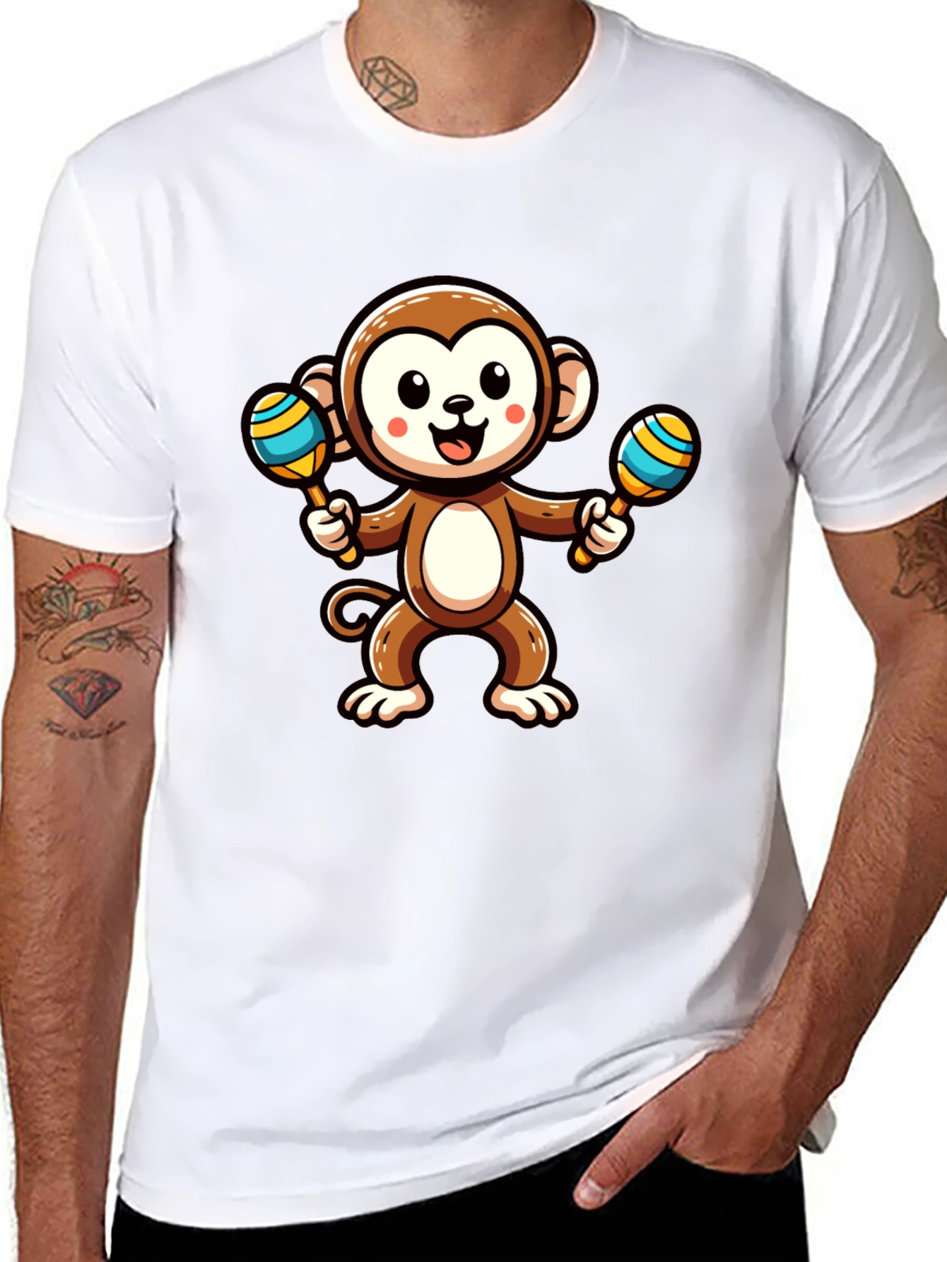 Black Cartoon Monkey with Maracas Graphic Tee view 8
