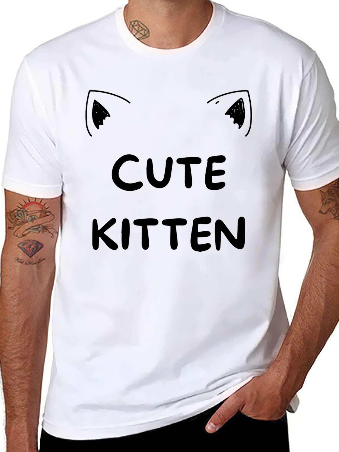 Black Cute Kitten Graphic Tee - Black Cotton T-Shirt view 8