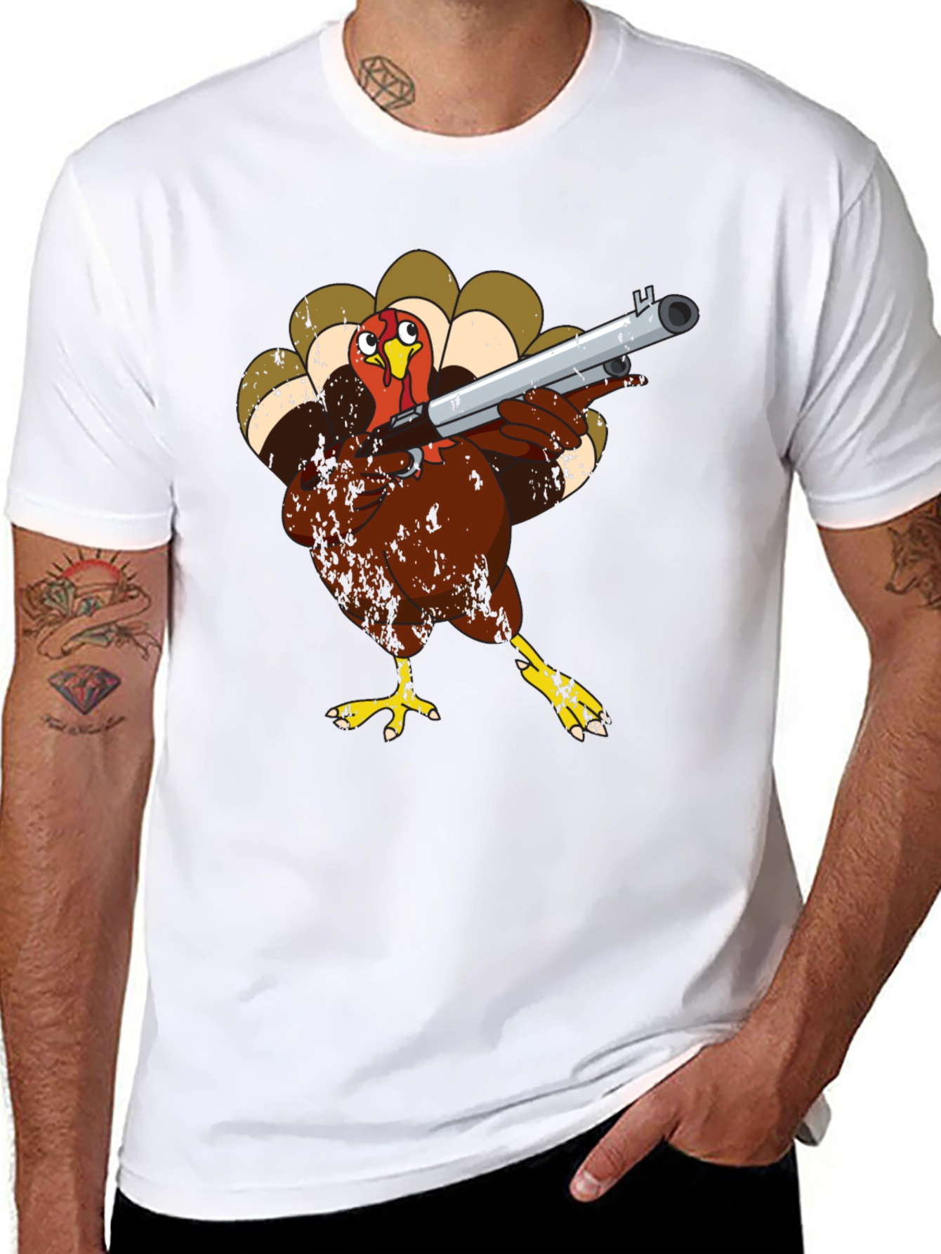 Black Turkey with Shotgun Black T-Shirt - Funny Thanksgiving Tee view 8