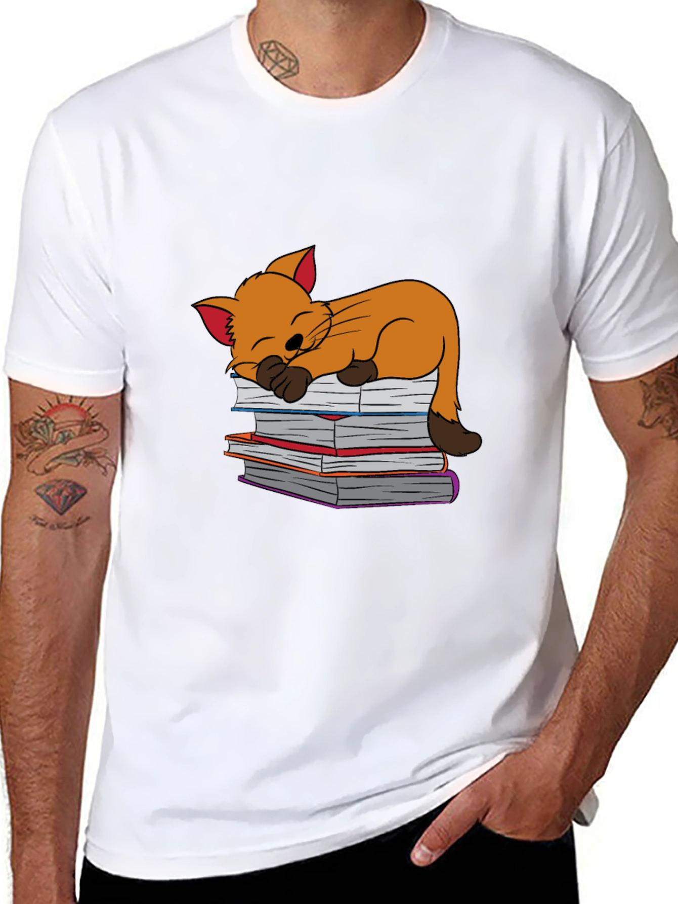 Black Cute Cat Sleeping on Books T-Shirt - Black view 8