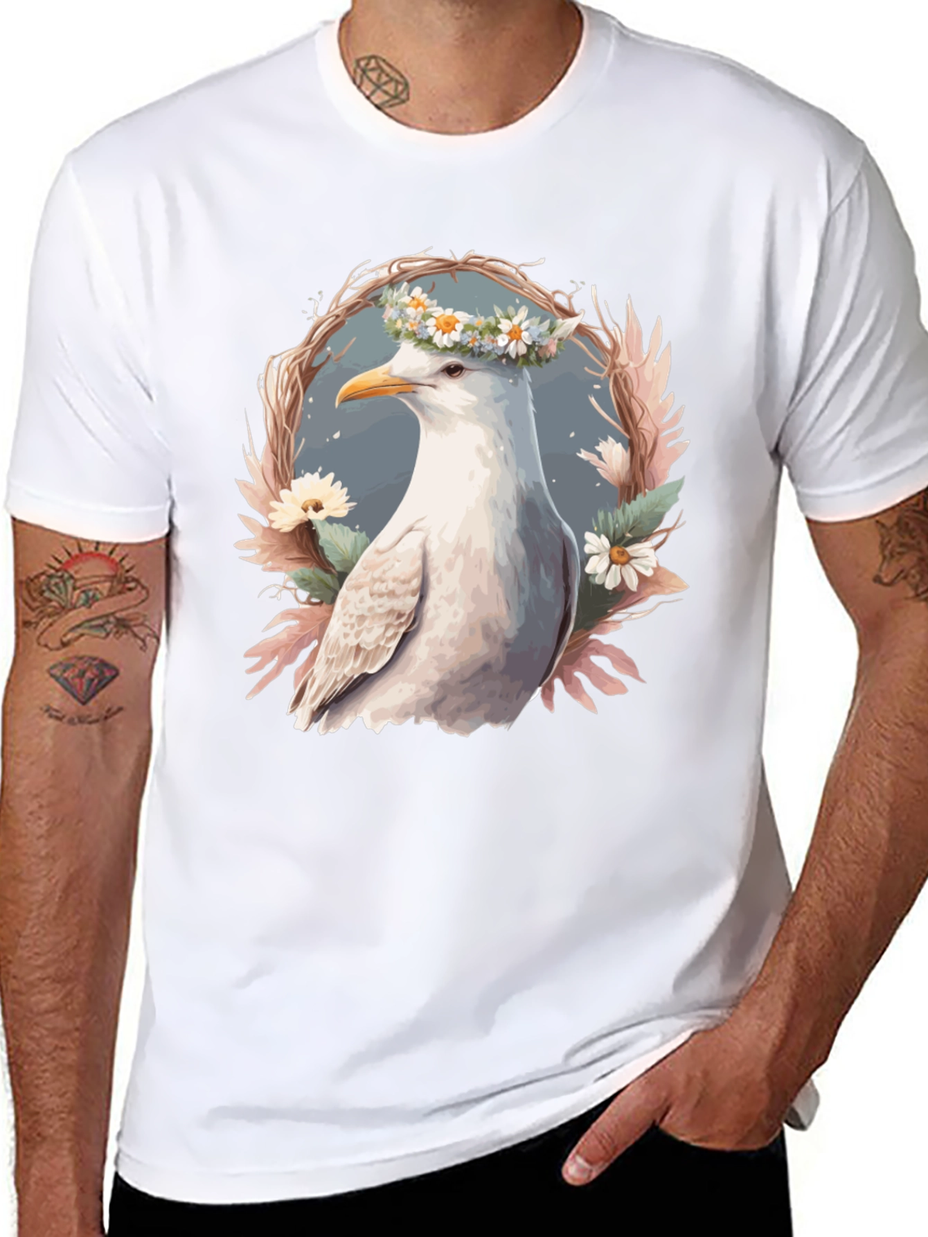 Black Seagull Floral Wreath Graphic Tee view 8