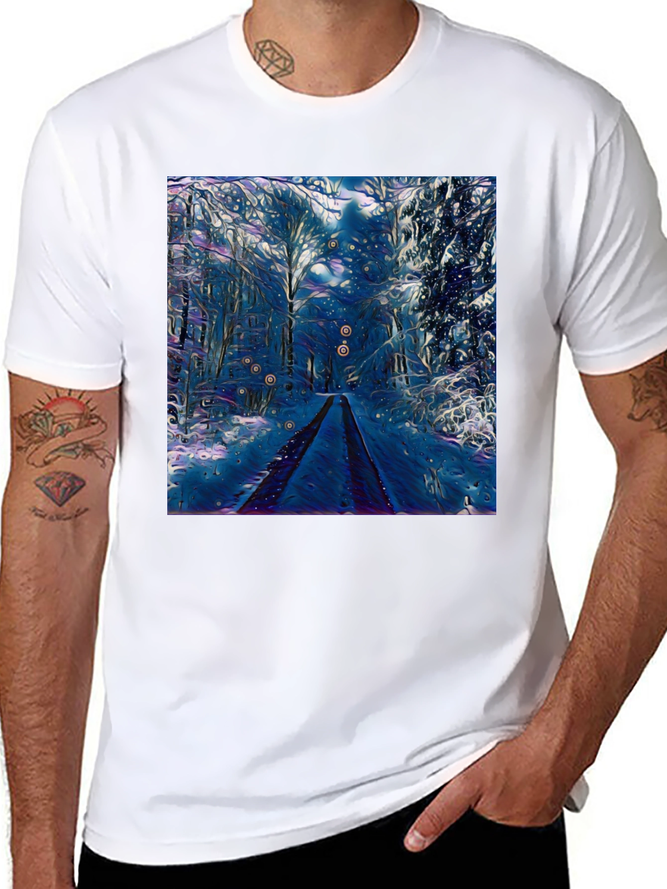Black Winter Forest Art Graphic Tee - Black Cotton Blend view 8