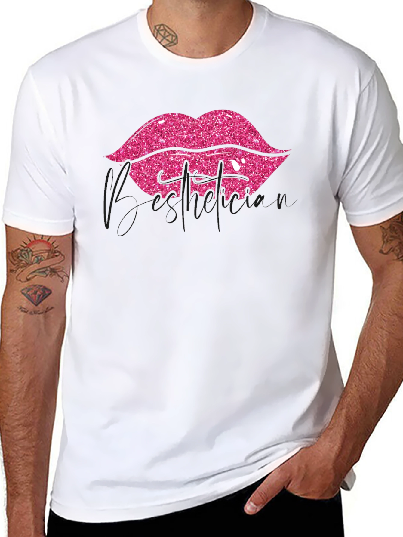 Black Pink Glitter Lips Graphic Black T-Shirt view 8