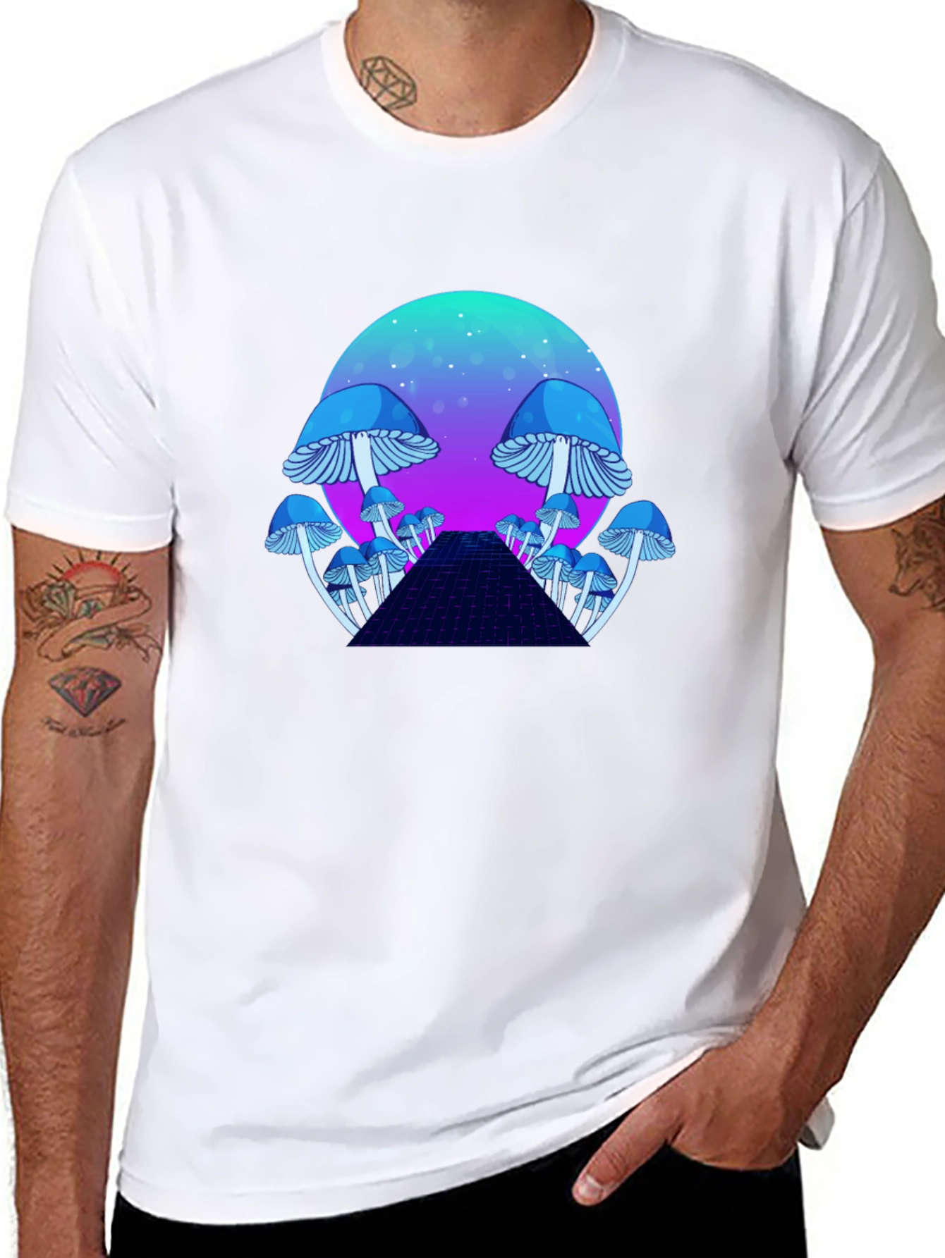 Black Mushroom Galaxy T-Shirt - Retro Synthwave Design view 8