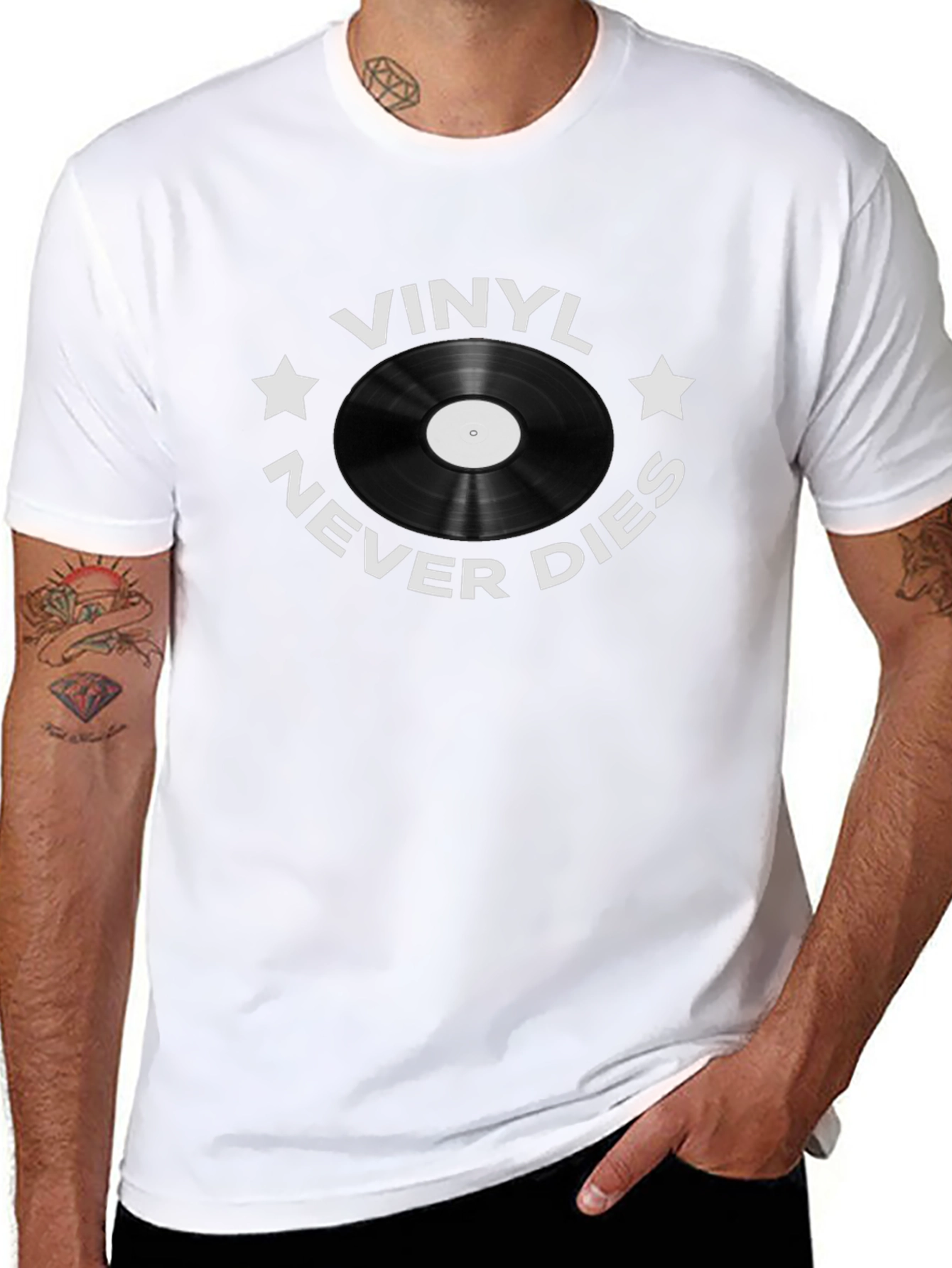 Black Vinyl Never Dies Graphic Tee - Music Lover T-Shirt view 8