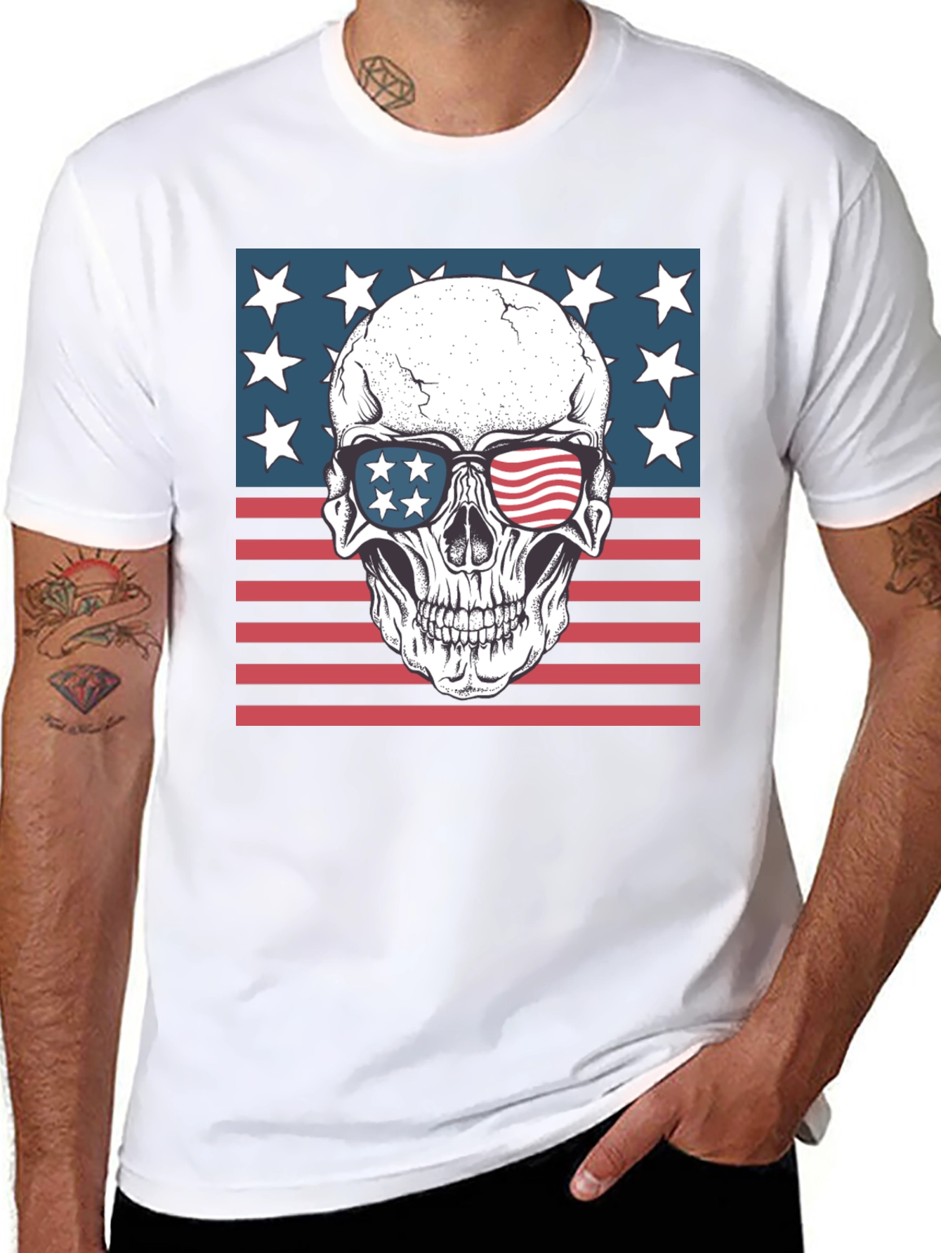 Black American Flag Skull Graphic Tee - Patriotic Style view 8
