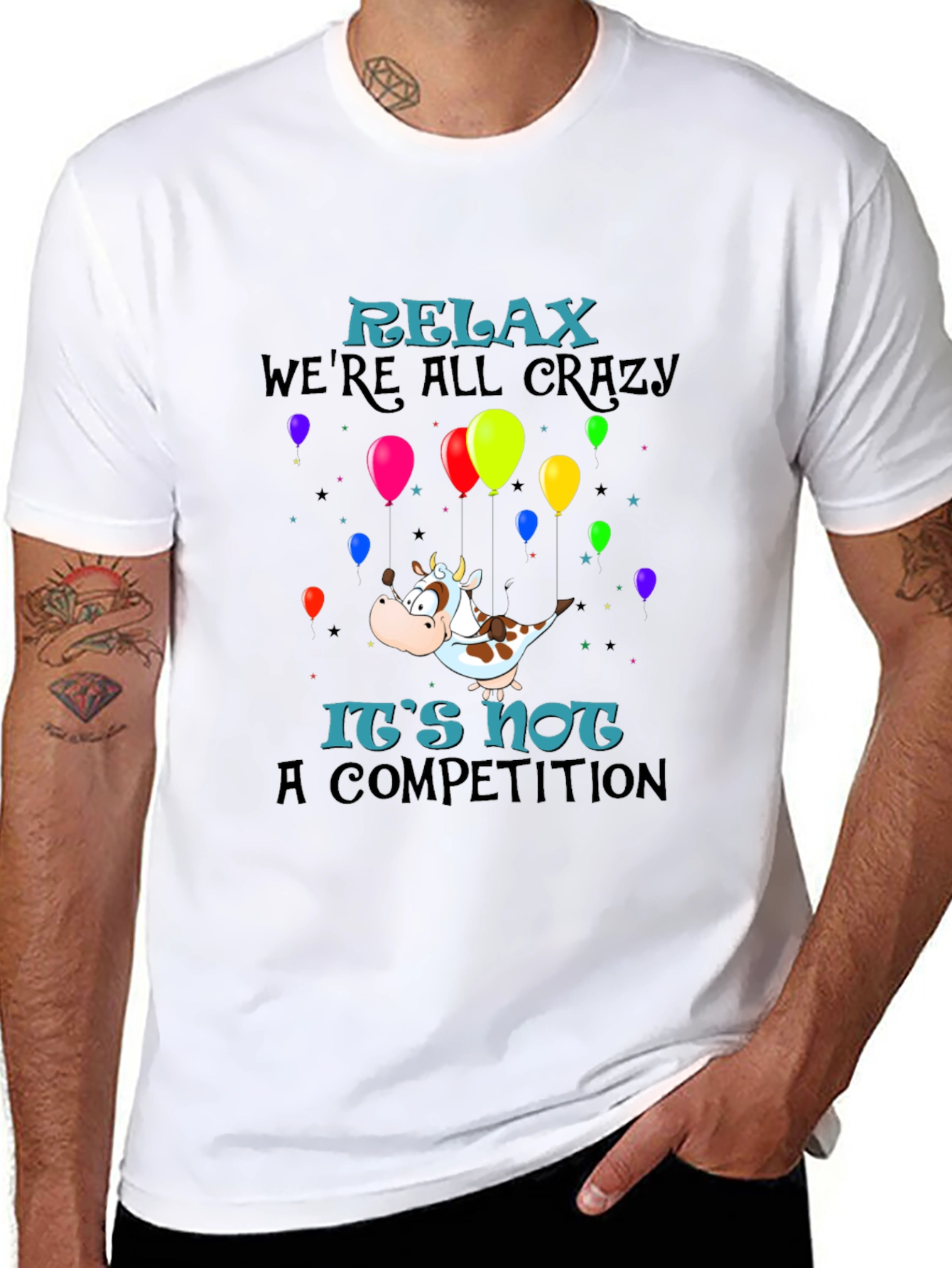 Black Relax We're All Crazy T-Shirt, Funny Cow Balloon Design view 8
