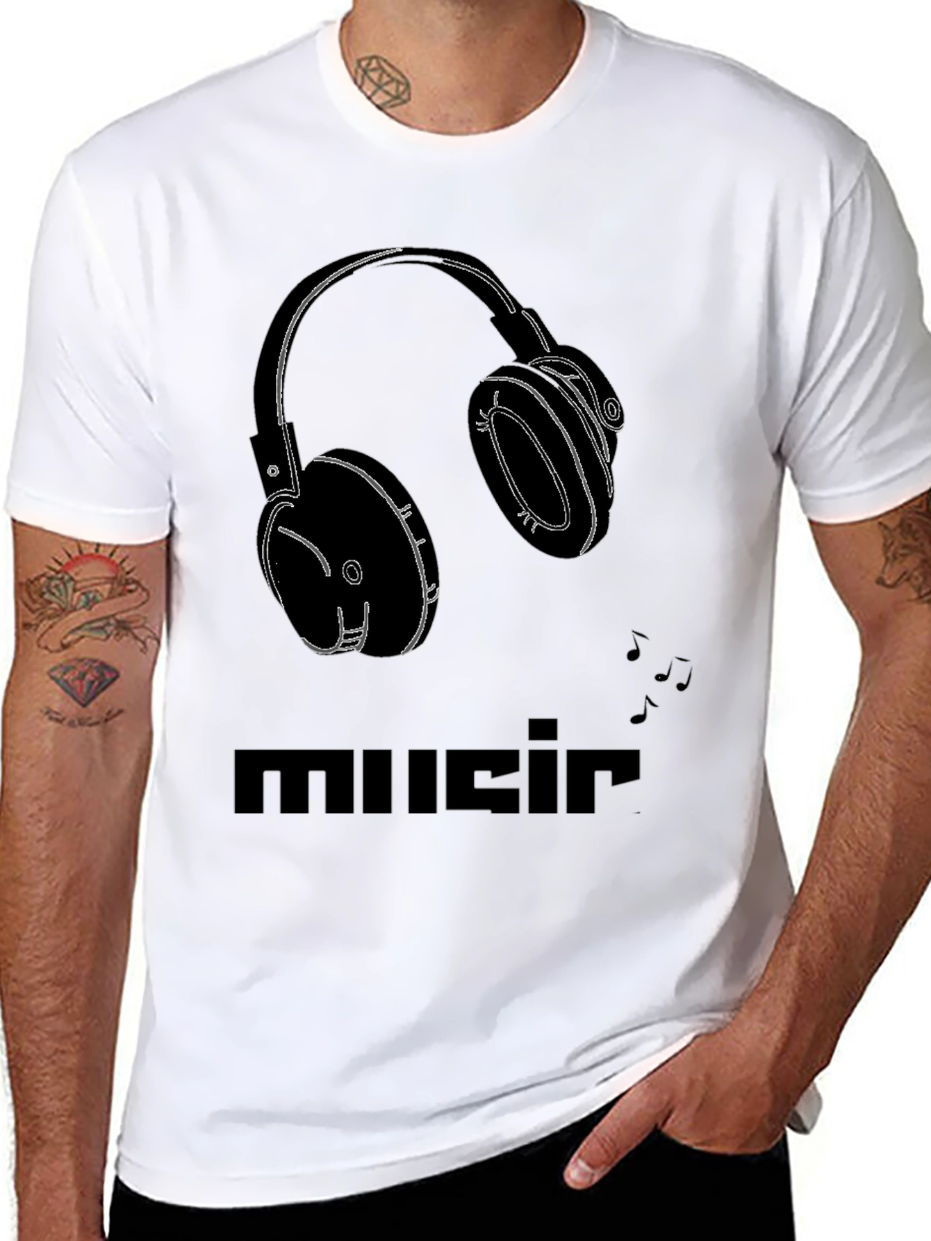 Black Music Headphones Graphic Tee - Black Cotton T-Shirt view 8