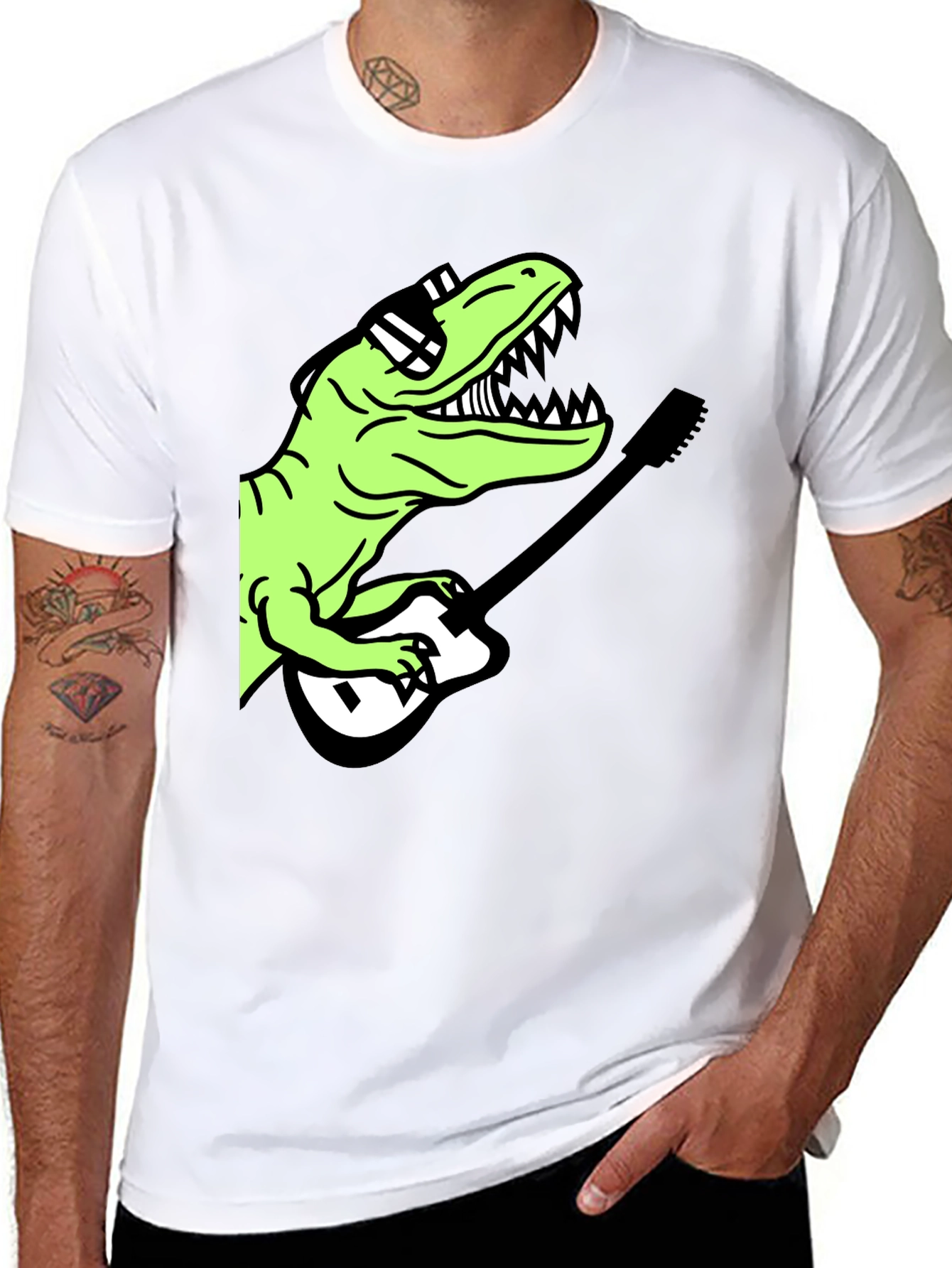 Black Cool Dinosaur Guitar Player Graphic T-Shirt view 8