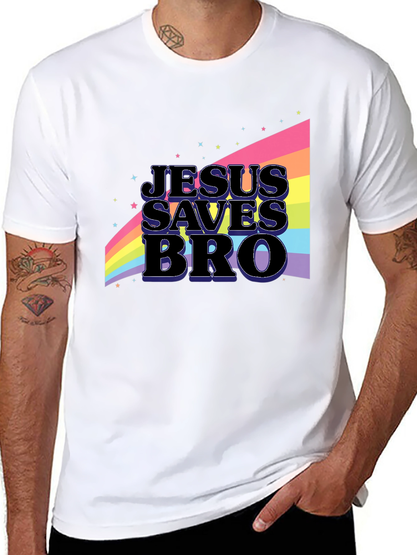 Black Jesus Saves Bro Rainbow Graphic T-Shirt view 8