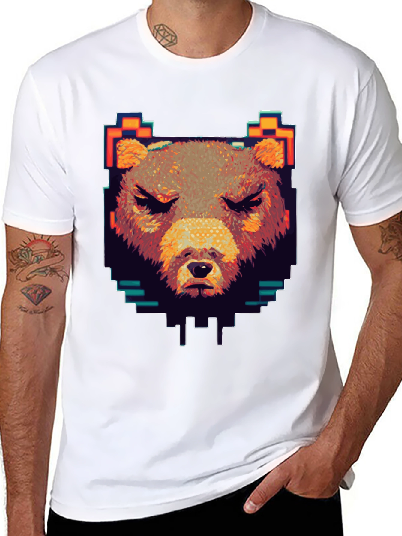 Black Pixel Bear Graphic T-Shirt - Black Crew Neck view 8