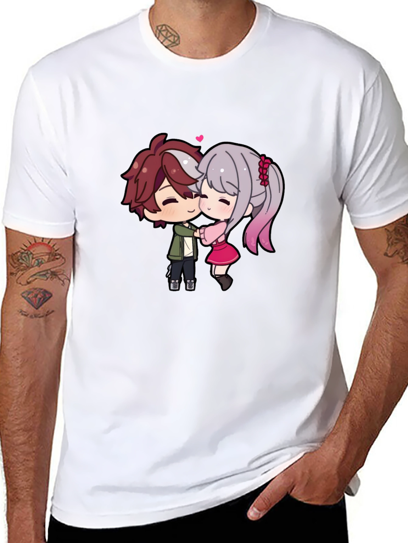 Black Cute Anime Couple T-Shirt - Sweet Embrace view 8