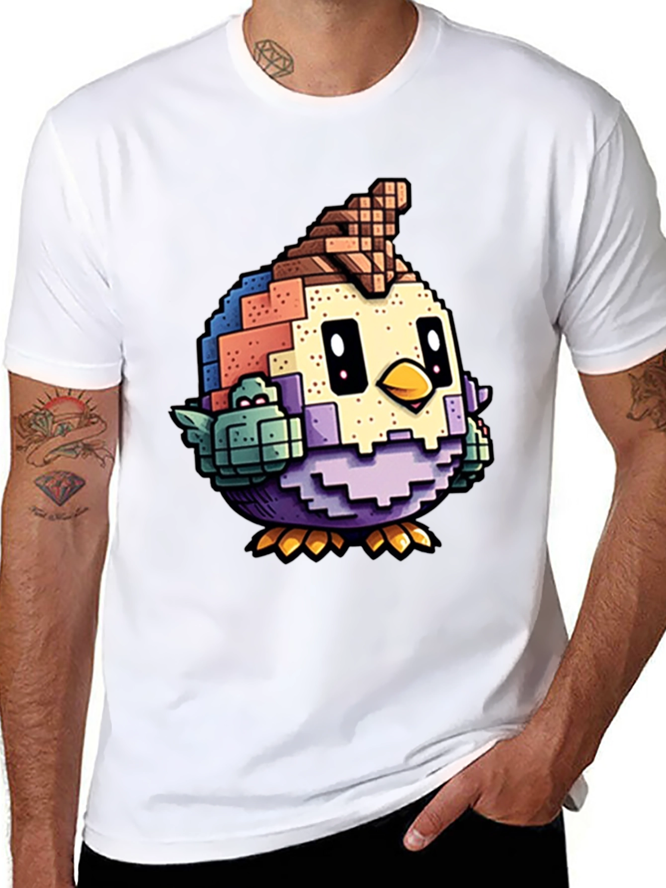 Black Pixelated Bird Graphic Tee - Black Cotton T-Shirt view 8