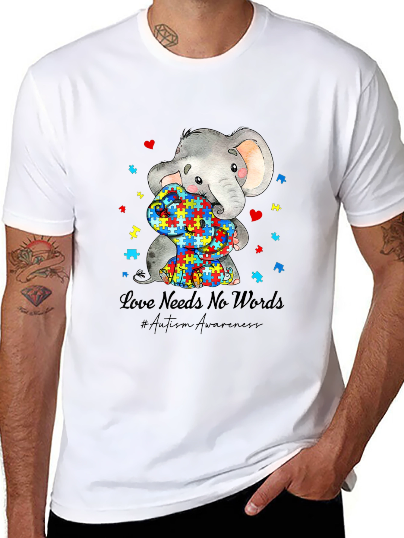 Black Autism Awareness Elephant Love Needs No Words T-Shirt view 8