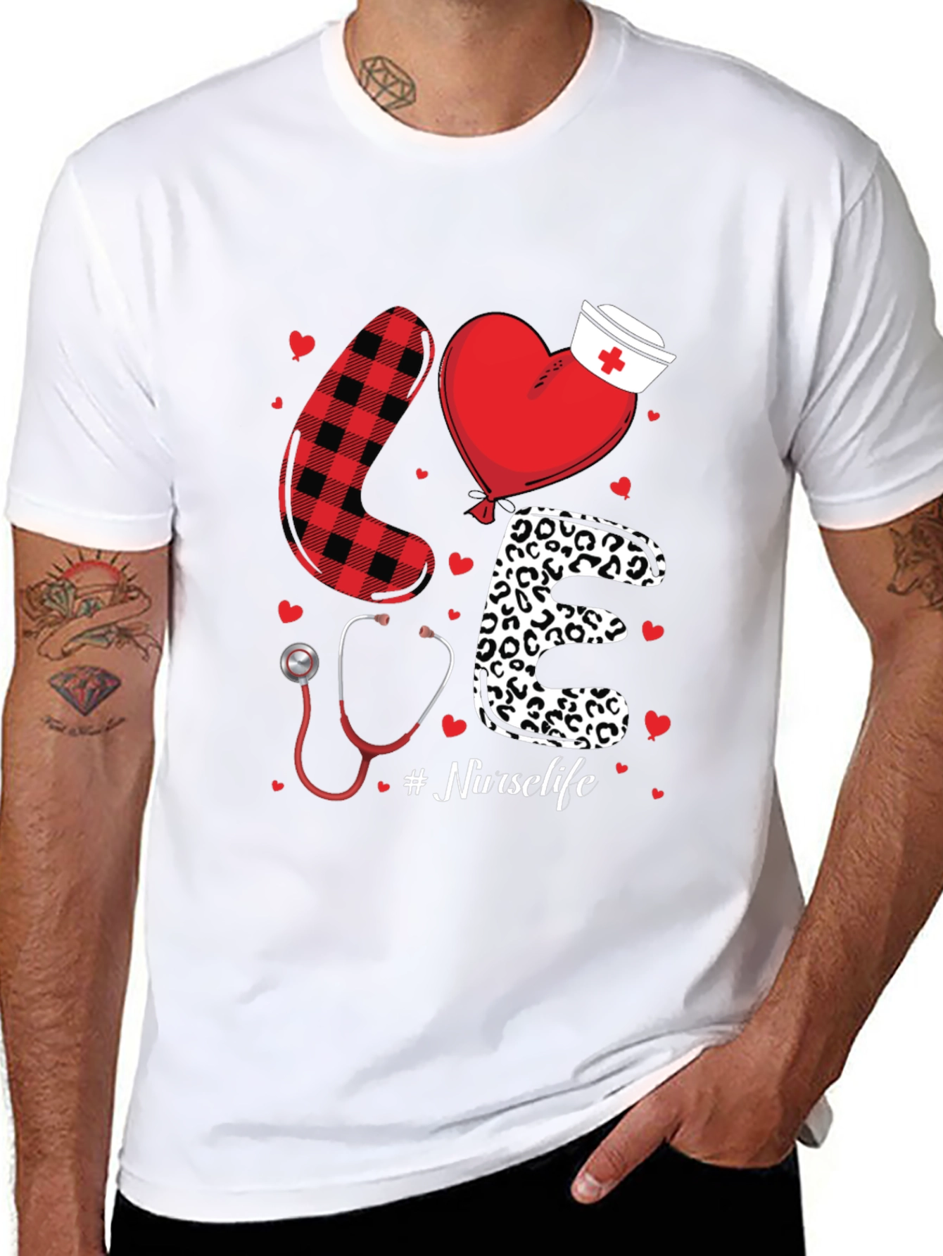 Black Nurse Life Love Graphic T-Shirt - Heart, Stethoscope, Pattern Design view 8