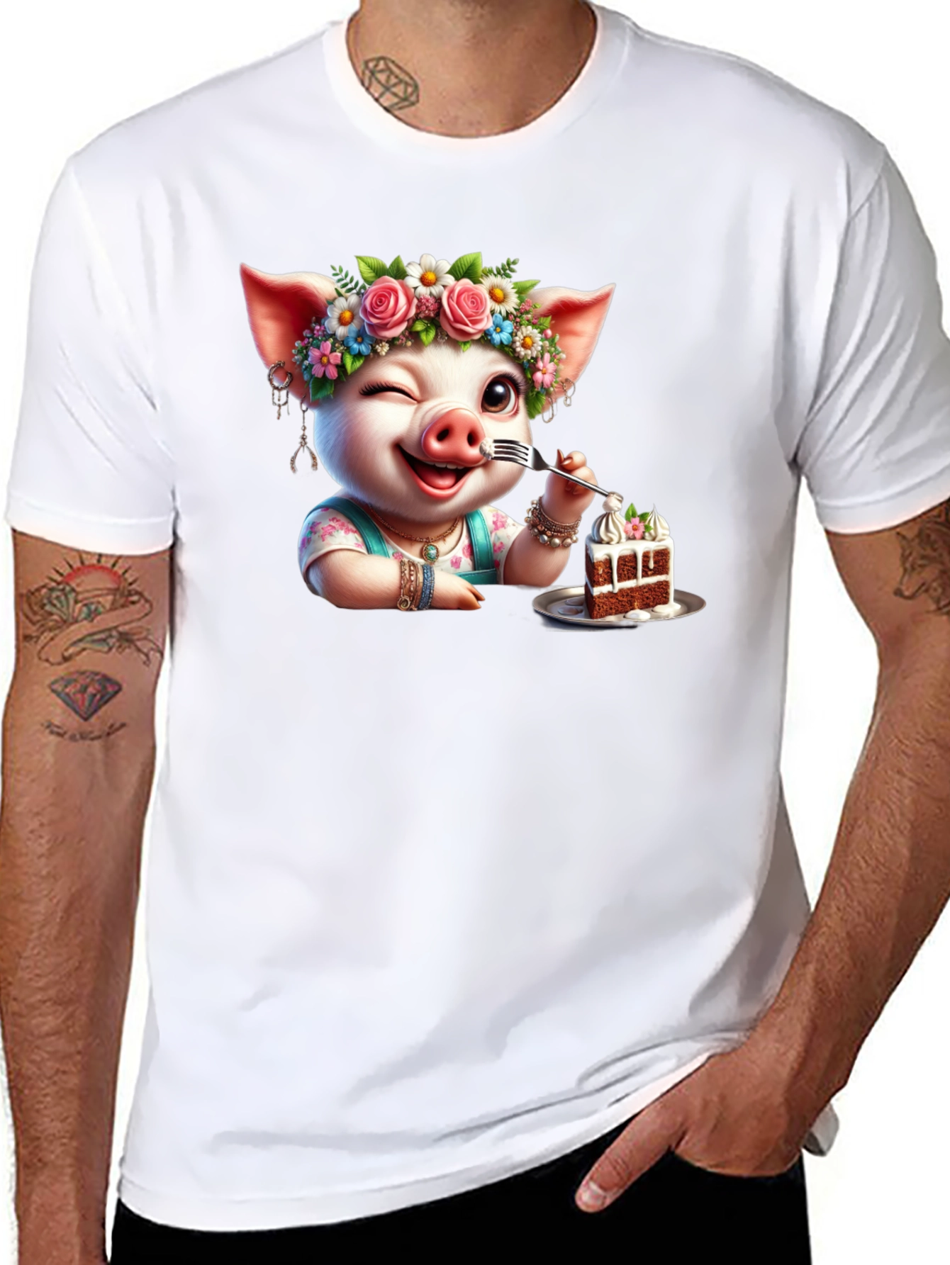 Black Pig with Flowers & Cake T-Shirt - Unisex view 8