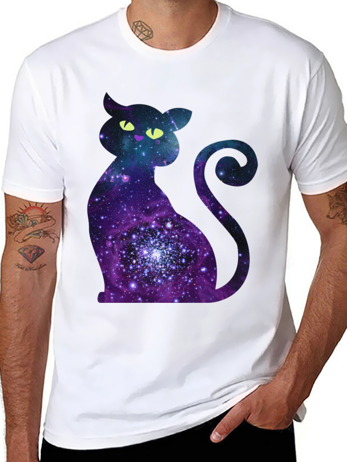Black Galaxy Cat Graphic Print Crew Neck T-Shirt view 8