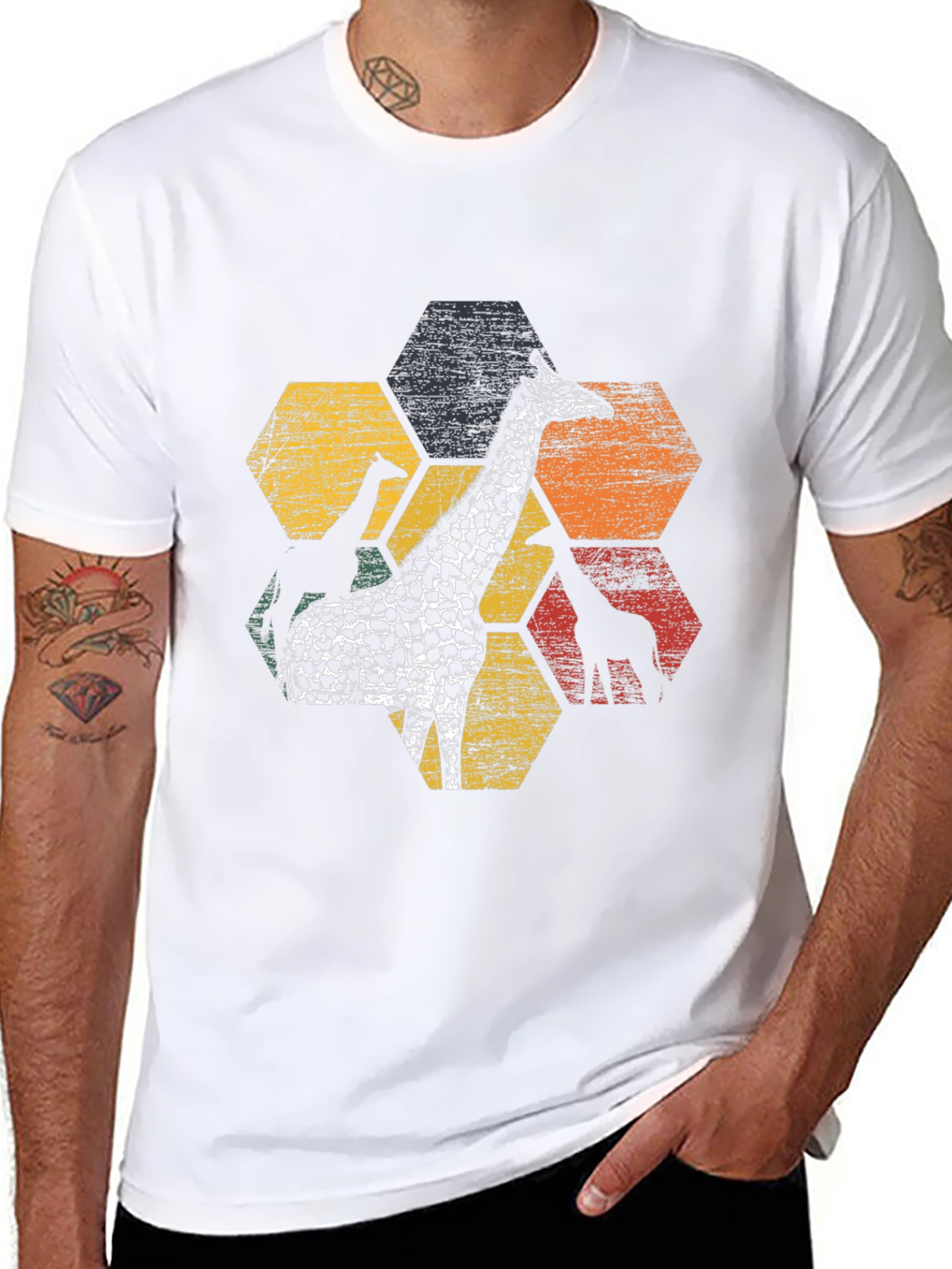 Black Giraffe Hexagon Graphic Tee - Black Cotton Blend view 8