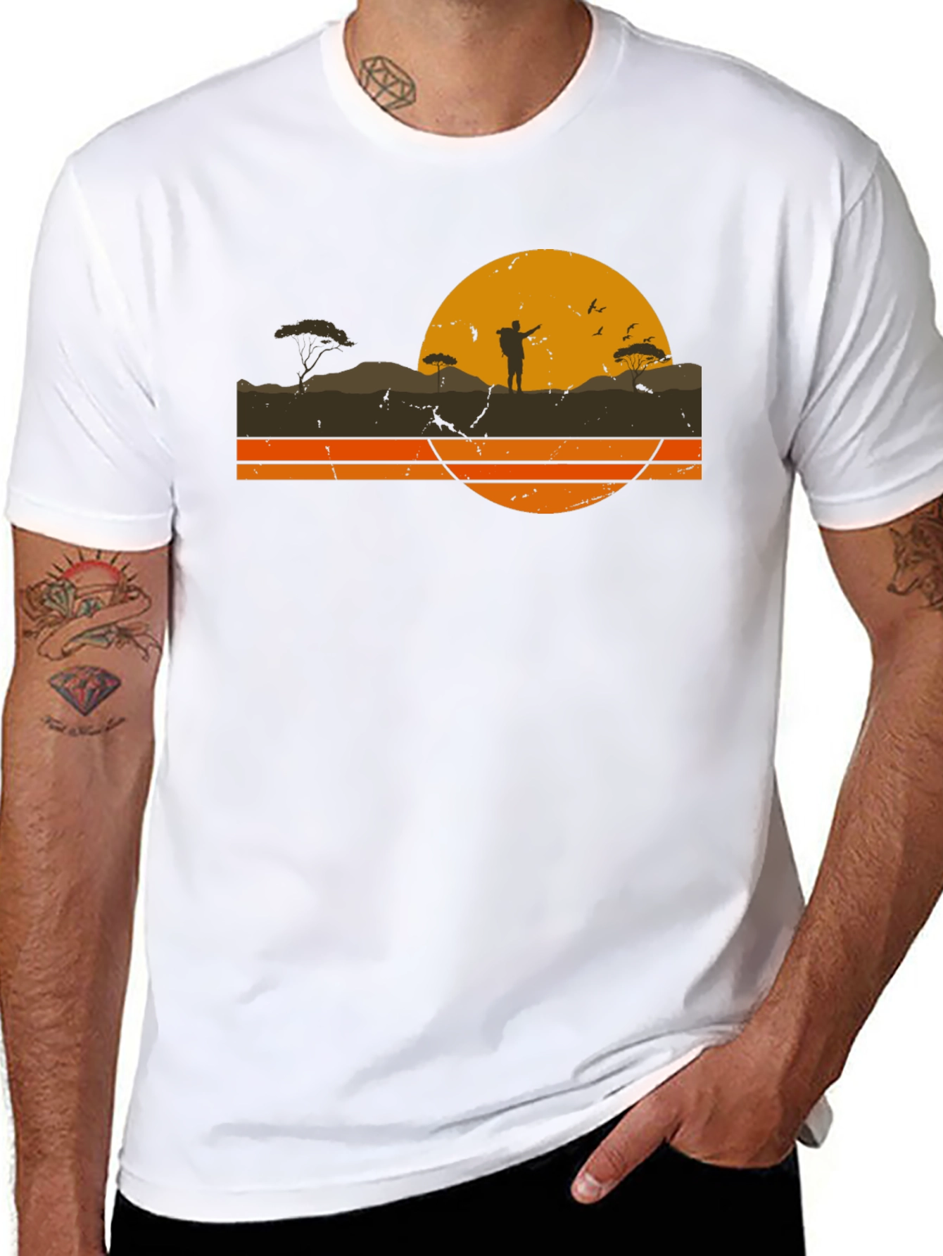 Black Retro Sunset Hiker Graphic T-Shirt view 8