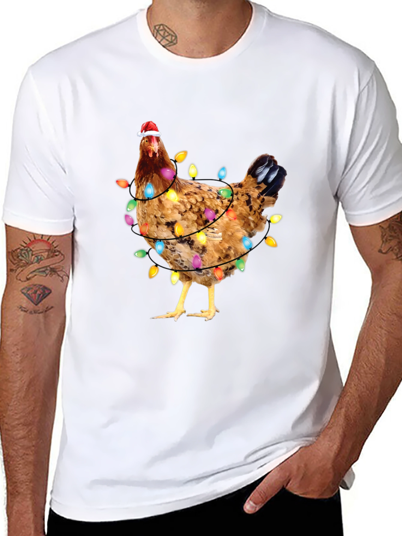 Black Festive Chicken Christmas Lights Graphic Tee view 8