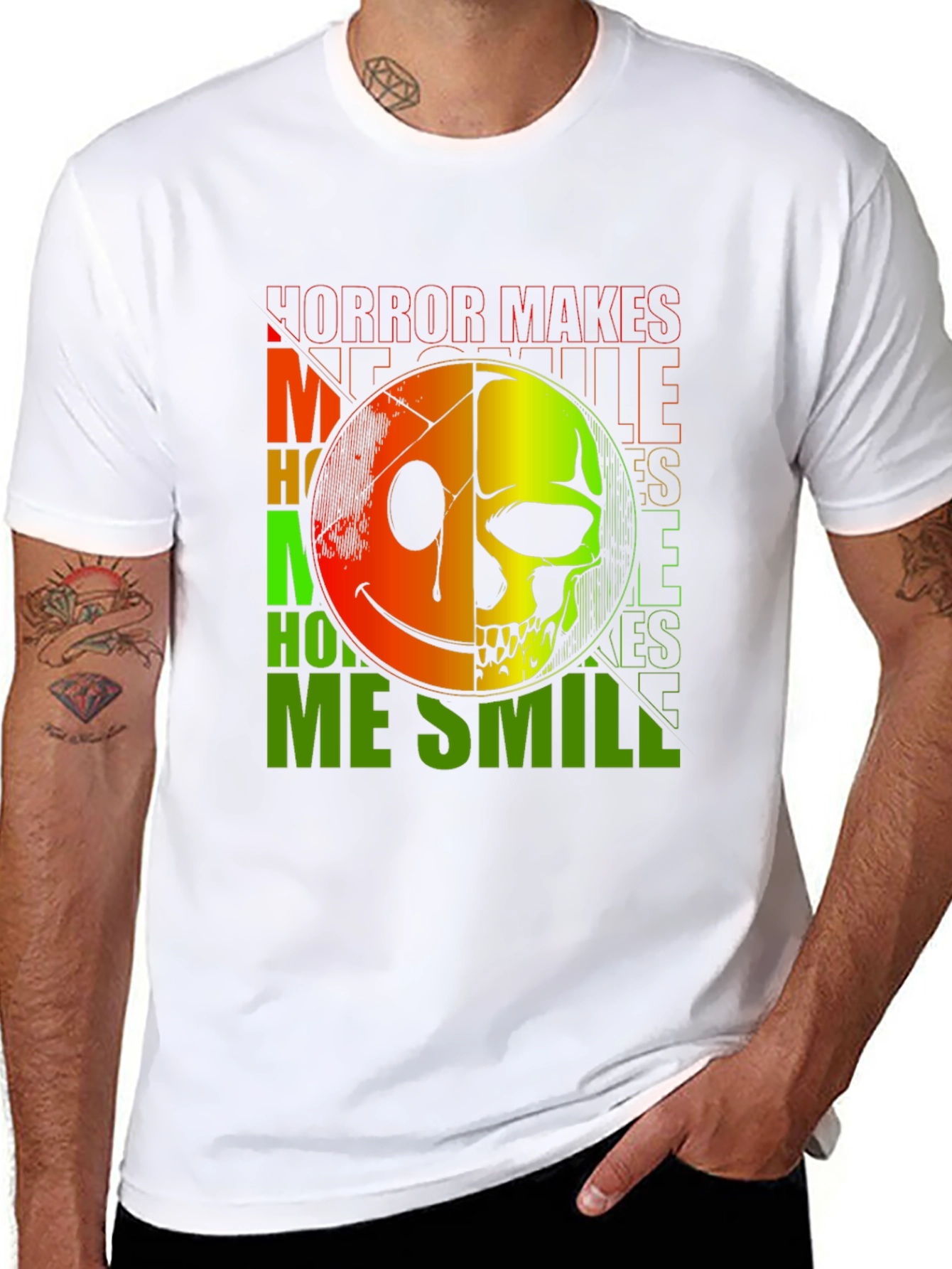 Black Horror Makes Me Smile T-Shirt - Half Smile, Half Skull view 8
