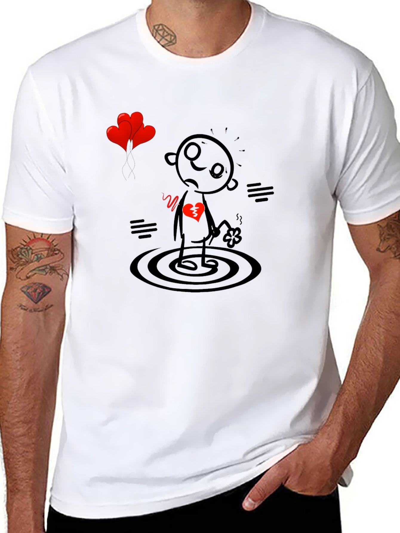 Black Heartbroken Stick Figure T-Shirt - Sad Cartoon Tee view 8