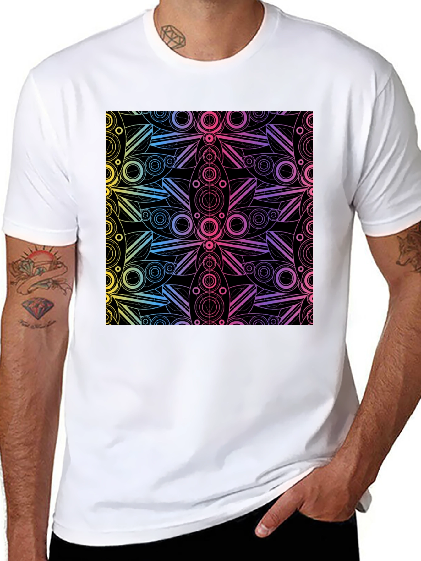 Black Geometric Rainbow Pattern Black T-Shirt view 8