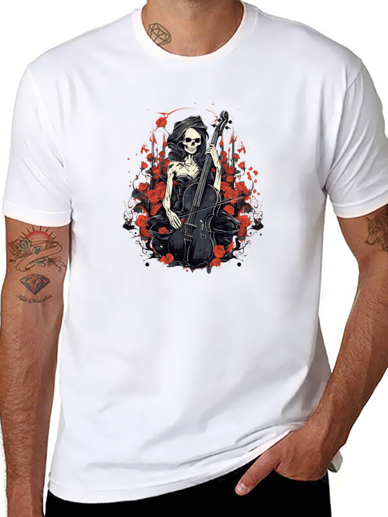 Black Skeleton Cellist Graphic Tee - Men's Black T-Shirt view 8